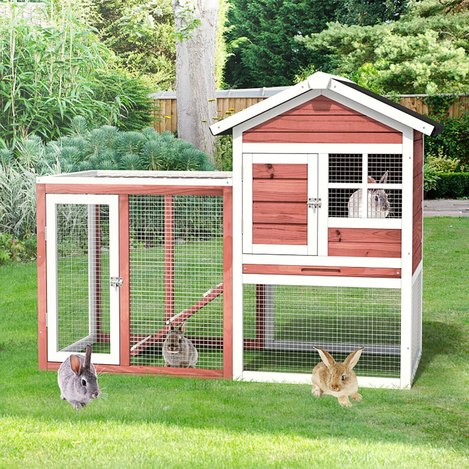 White and Red 2-Story Wooden Rabbit Hutch with Ramp