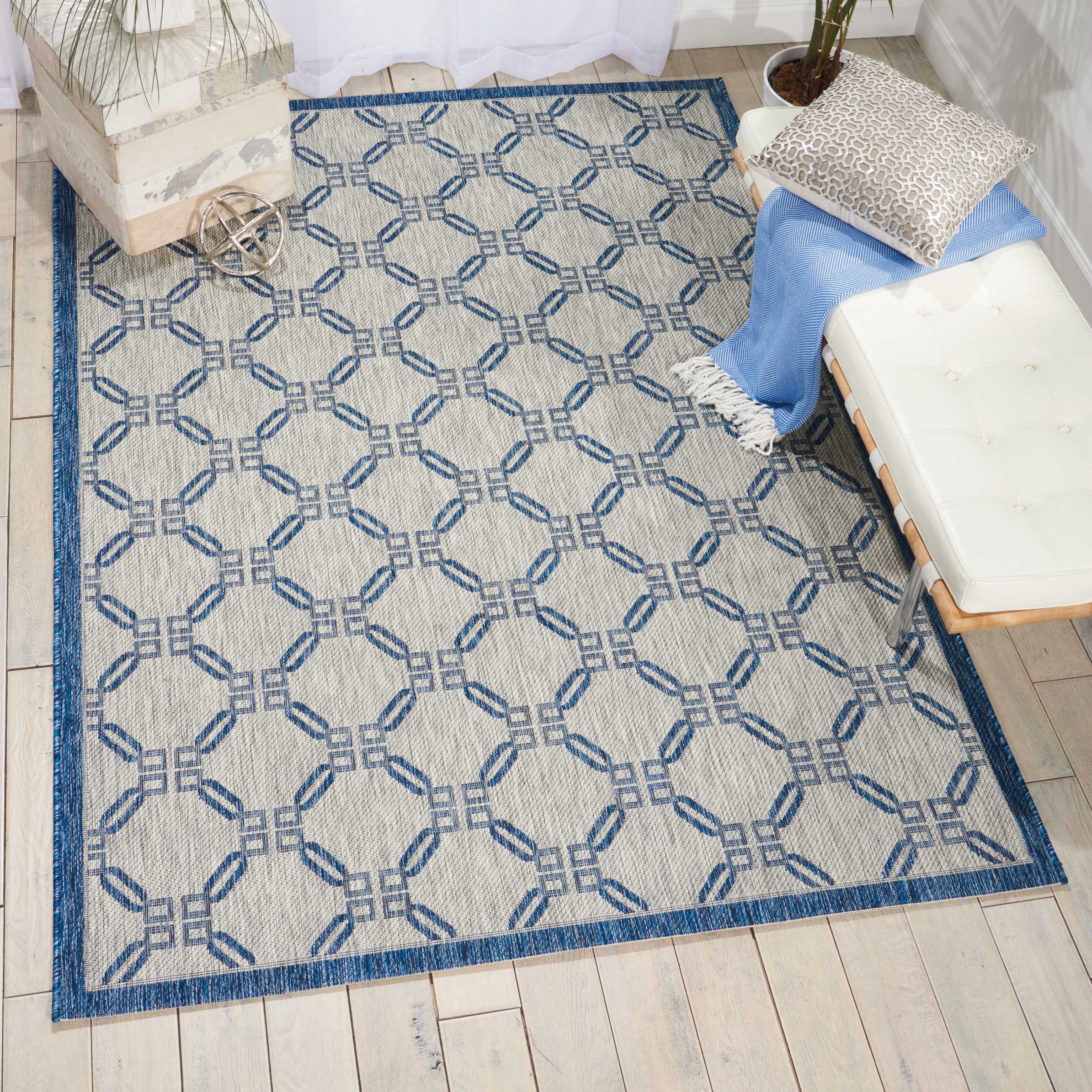 Nourison 99446380821 Garden Party 5 x 8 (ft) Loomed Polypropylene Ivory Blue Rectangular Indoor/Outdoor Abstract Area rug