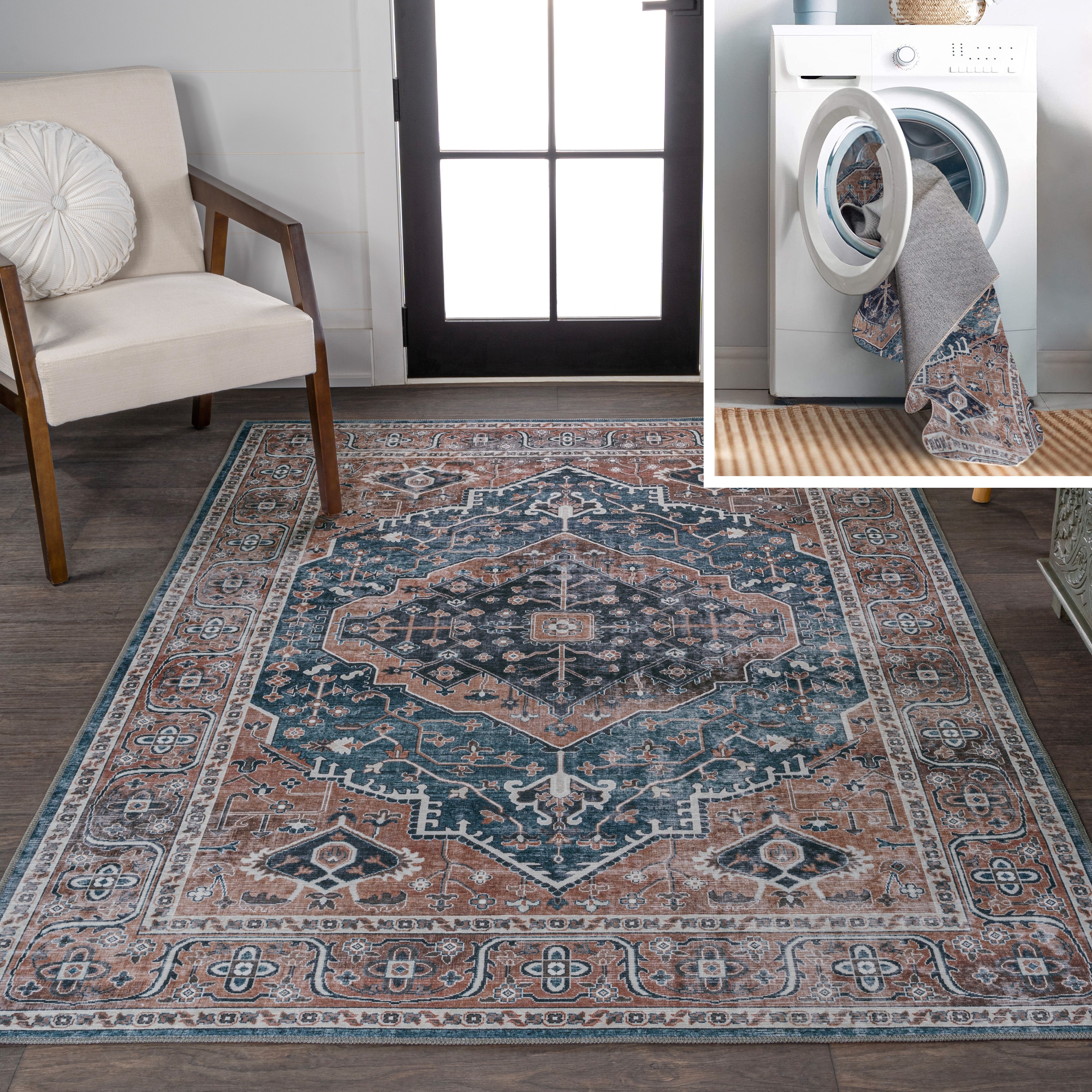 JONATHAN  Y WSH103C-8 WASHABLE Alacati Ogee Medallion 8 x 10 (ft) Loomed Chenille Navy/Brown Rectangular Indoor Border Bohemian/Eclectic Machine washable Area rug
