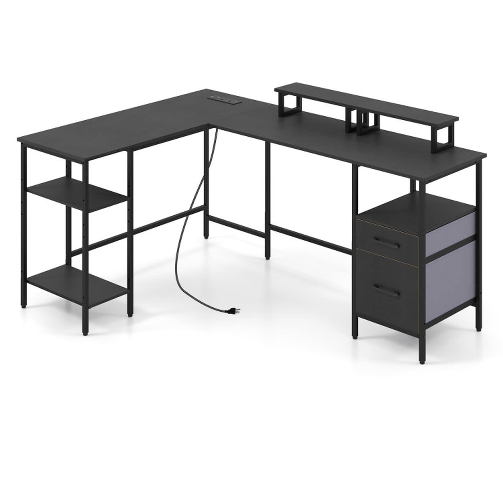 SUGIFT - L Shaped Desk 63-in Reversible Corner Computer Desk with Power Outlets Monitor Stands an...