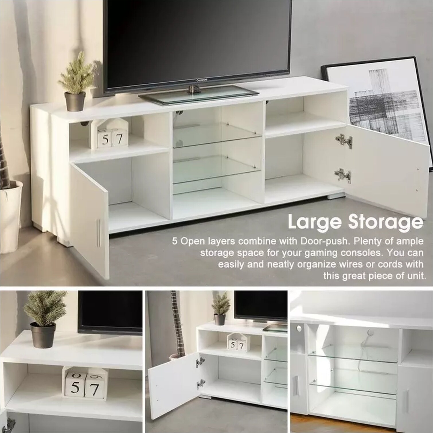 SunJet White Finish 57-Inch Particle Board TV Stand with LED Lights and ...