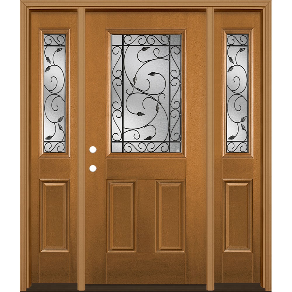 Masonite 3422384 Pergola 64-in x 80-in Fiberglass Half Lite Right-Hand Inswing Oakcrest Stained Prehung Front Door with Sidelights with Brickmould Insulating Core