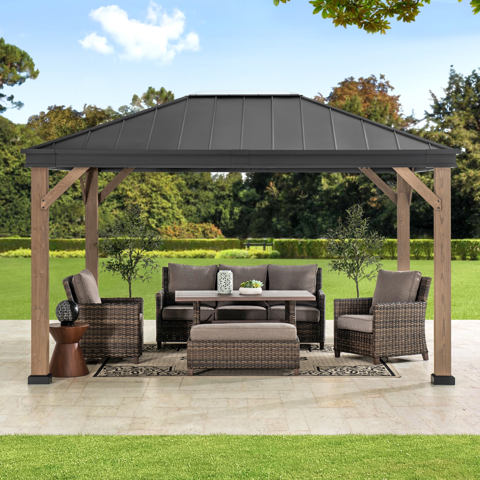 Sunjoy 13.07-ft X 11.16-ft Rectangle Black Metal Steel Roof Gazebo In ...