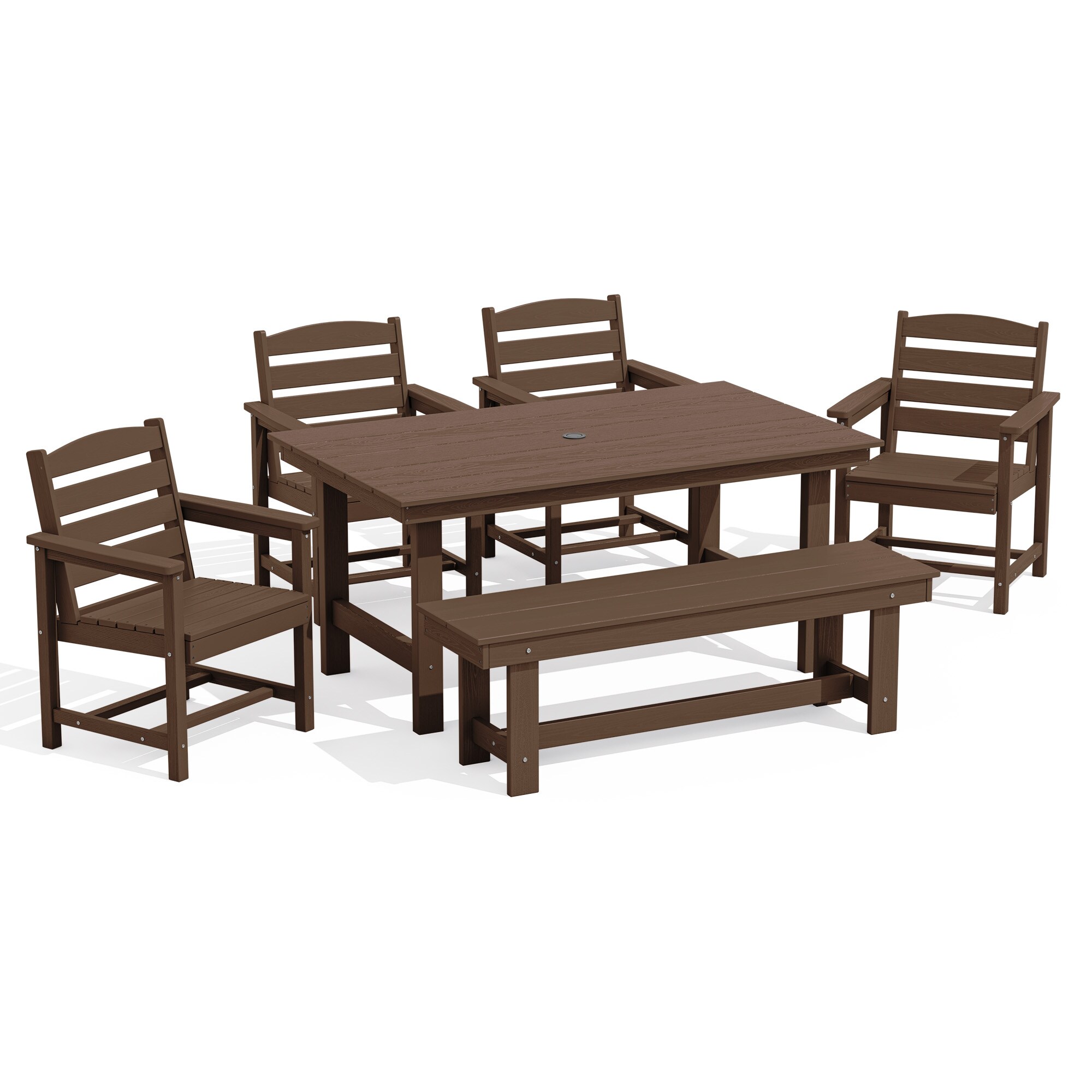 JEAREY PEJYCZY06-BN 6-Pieces HDPE Dining Set with 4 Chairs,1 Bench,1 Table 6 -Piece Brown Patio Dining Set Plastic Rectangle Table with 4 Stackable Stationary Chairs