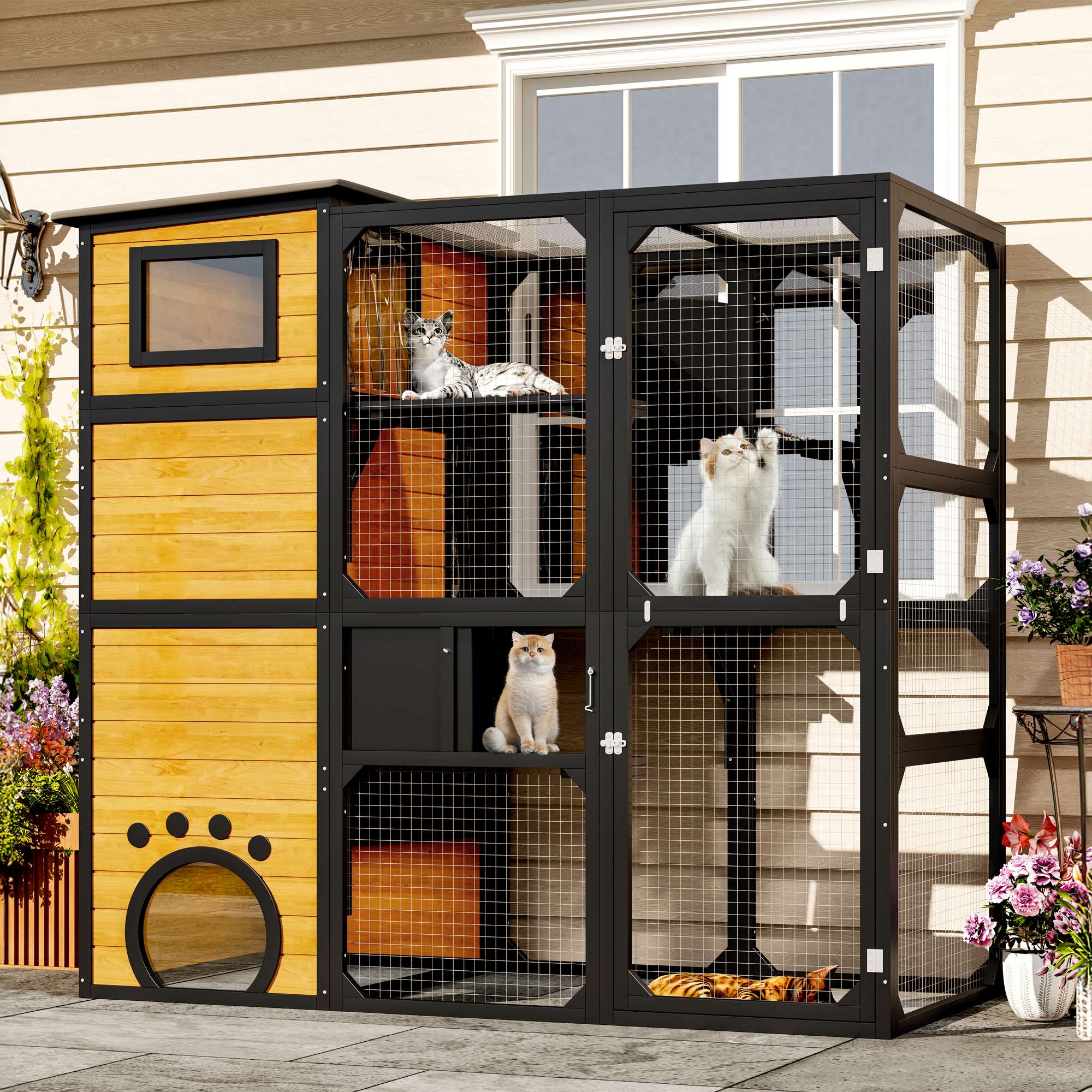 Roomfitters  Large Outdoor Cat Catio Enclosure Weatherproof Attached to Window Multi-Tier Cat House Brown