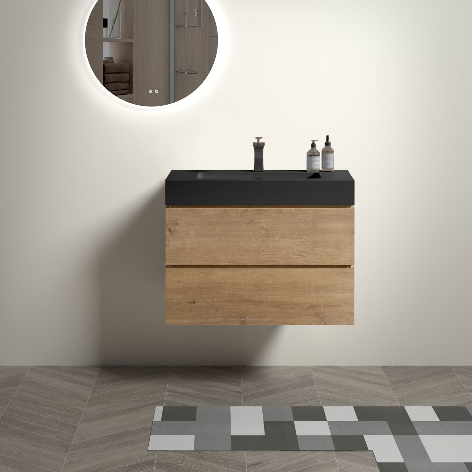 Roomfitters  30-Inch Natural Oak Wall Mount Floating Bathroom Vanity Set with Large Storage and Black Integrated Sink