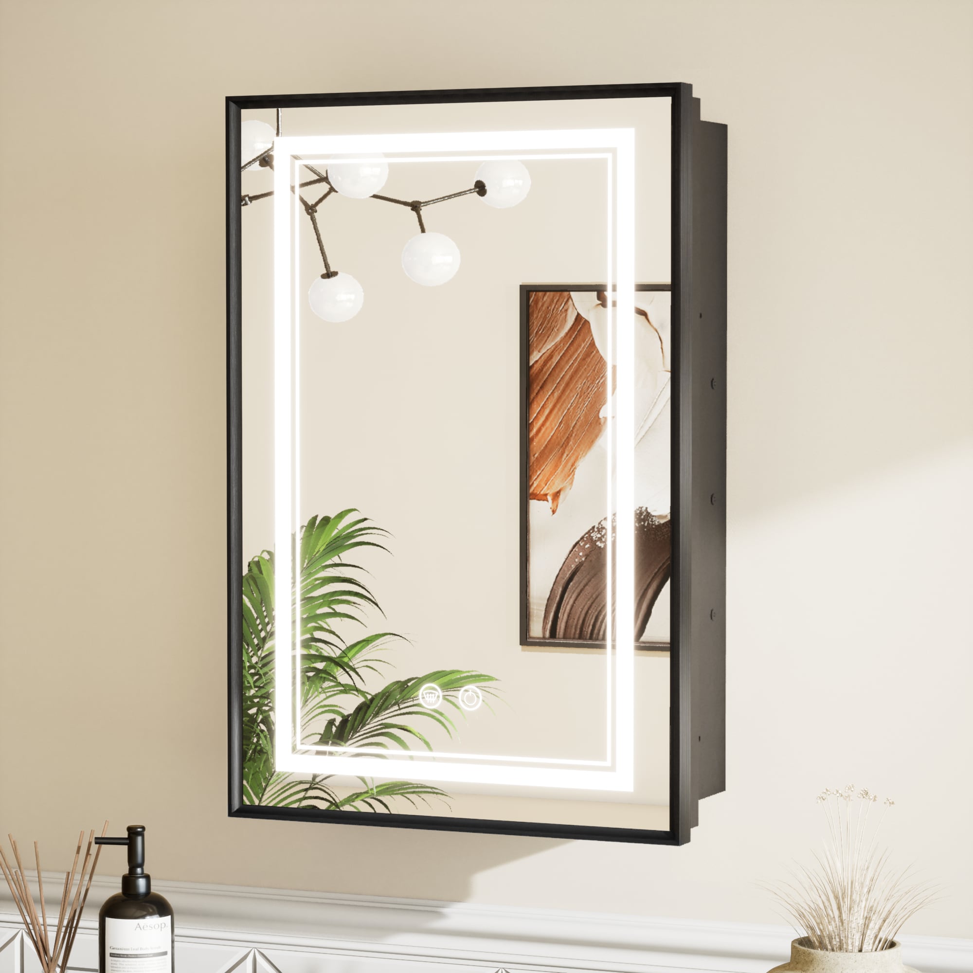 Keonjinn LW-JSKJG-FXZG-4161BK 16-in x 24-in Lighted LED Fog Free Surface/Recessed Mount Matte Black Mirrored Rectangle Soft Close Medicine Cabinet with Outlet