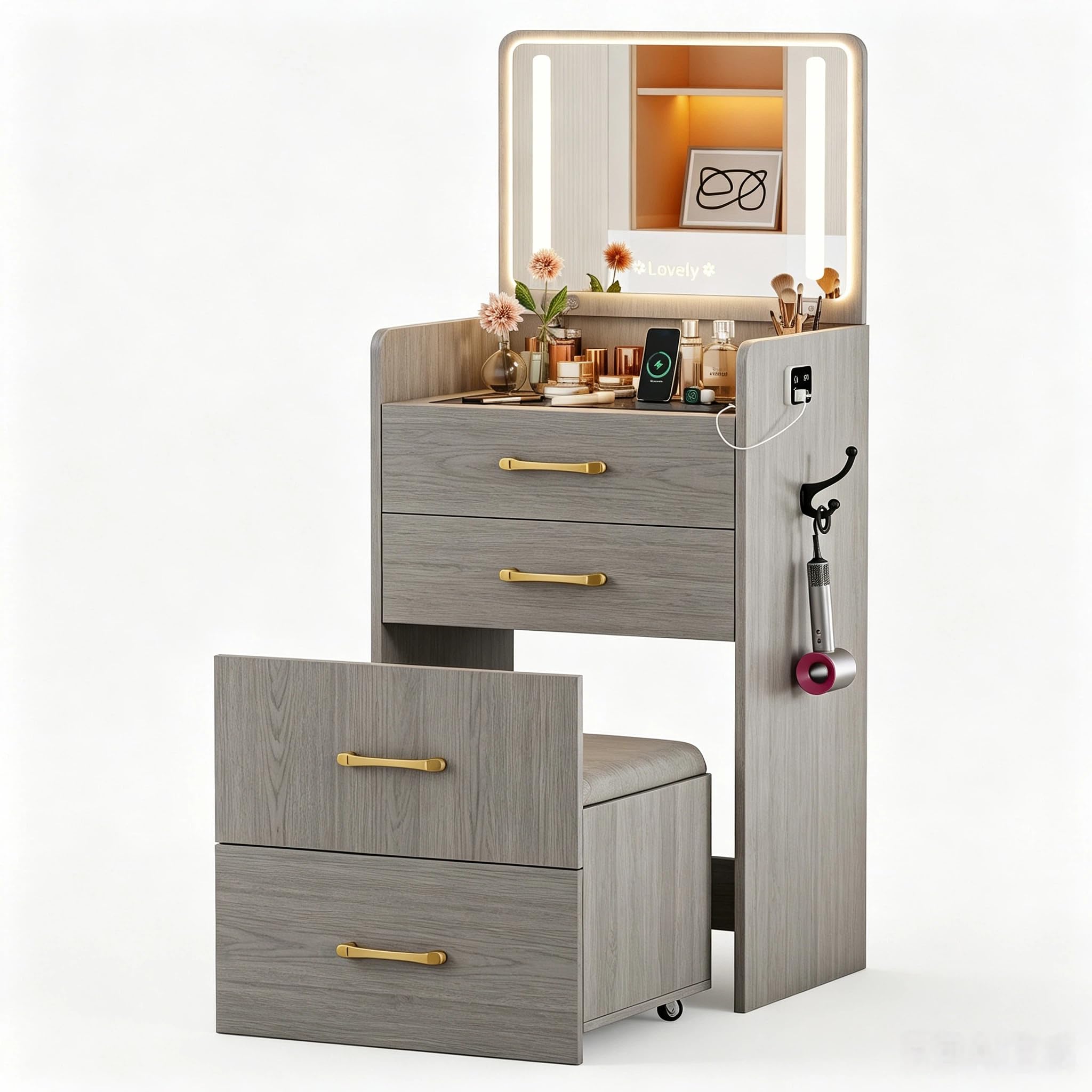 grey oak dressing table GarveeLife Gray Compact MDF Vanity Desk with Storage Makeup for Small Bedroom Room Bathroom Apartment Cosmetic Organizer and Daily Beauty Routine Furniture in the Makeup Vanities department at blush print