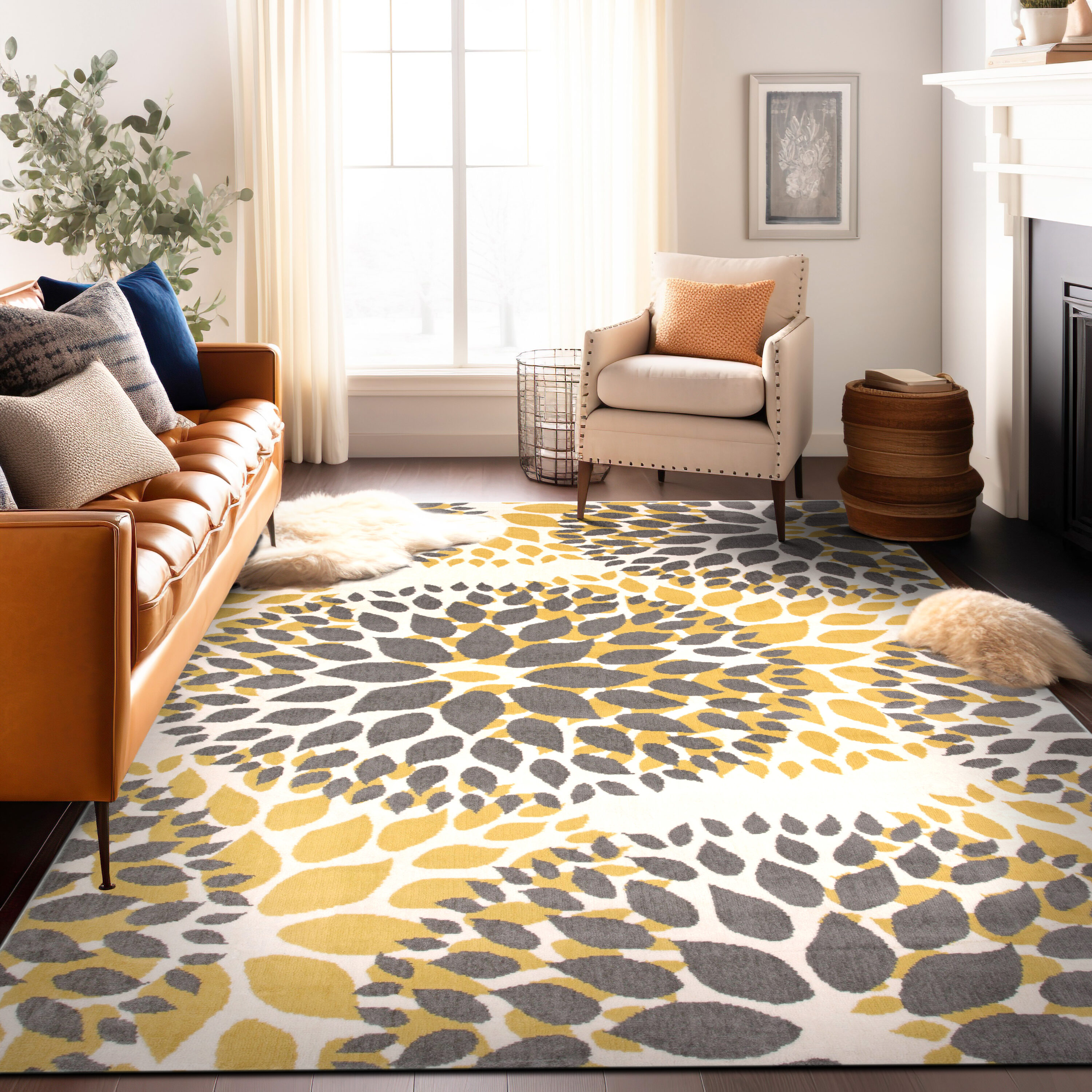 World Rug Gallery 9099 YELLOW 5X7 Hudson 5 x 7 (ft) Loomed Polypropylene Yellow Rectangular Indoor Floral/Botanical Mid-Century Modern Area rug