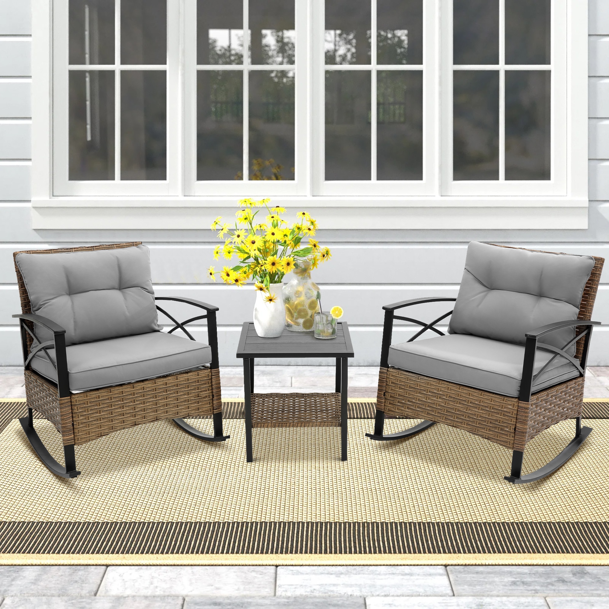 Forclover MONMTM08BE 3 -Piece Rattan Patio Conversation Set with Gray Cushions