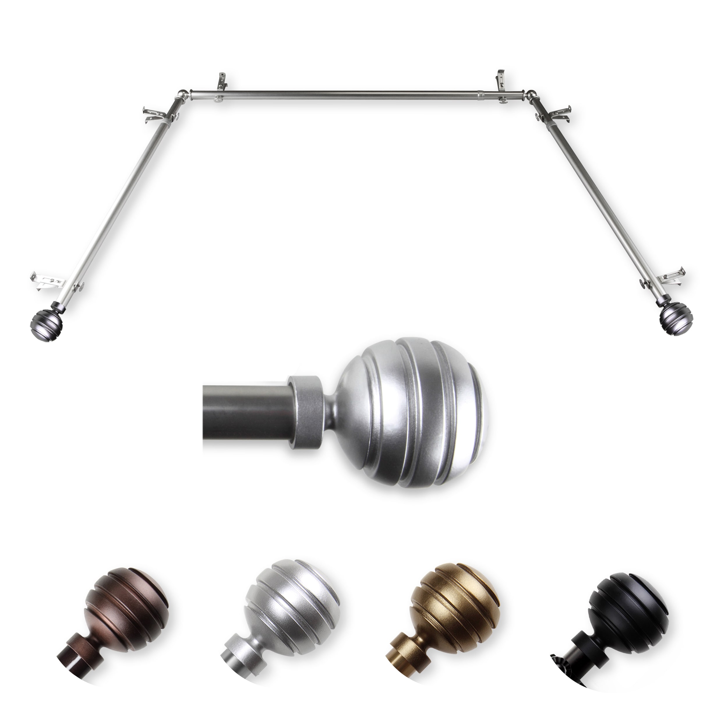 Hart & Harlow LO-ABAY-91-5 72-in to 144-in Satin Nickel Steel Bay window curtain rod with Finials