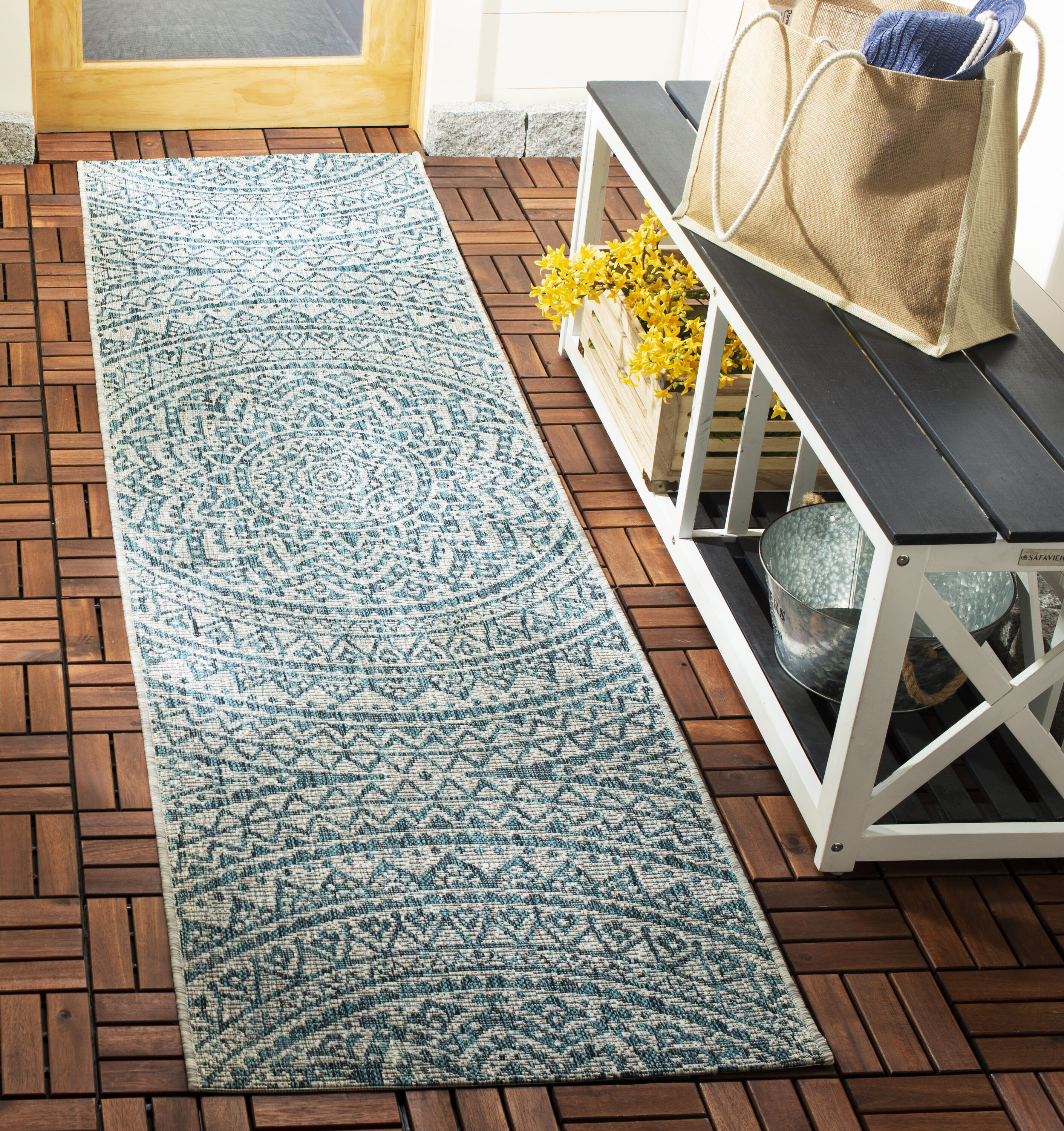 Safavieh CY8734-37212-212 Courtyard 2 x 12 (ft) Loomed Synthetic Light Gray/Teal Rectangular Indoor/Outdoor Medallion Runner rug