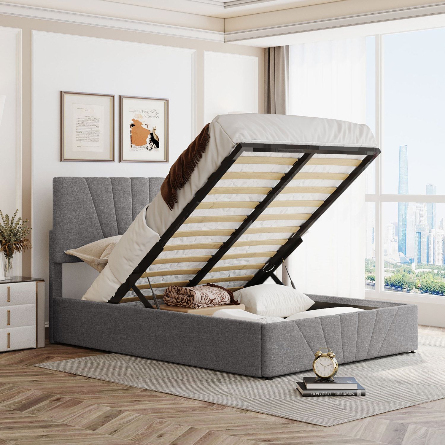 JASMODER LP000311AAE Gray Full Composite Platform Bed with Storage