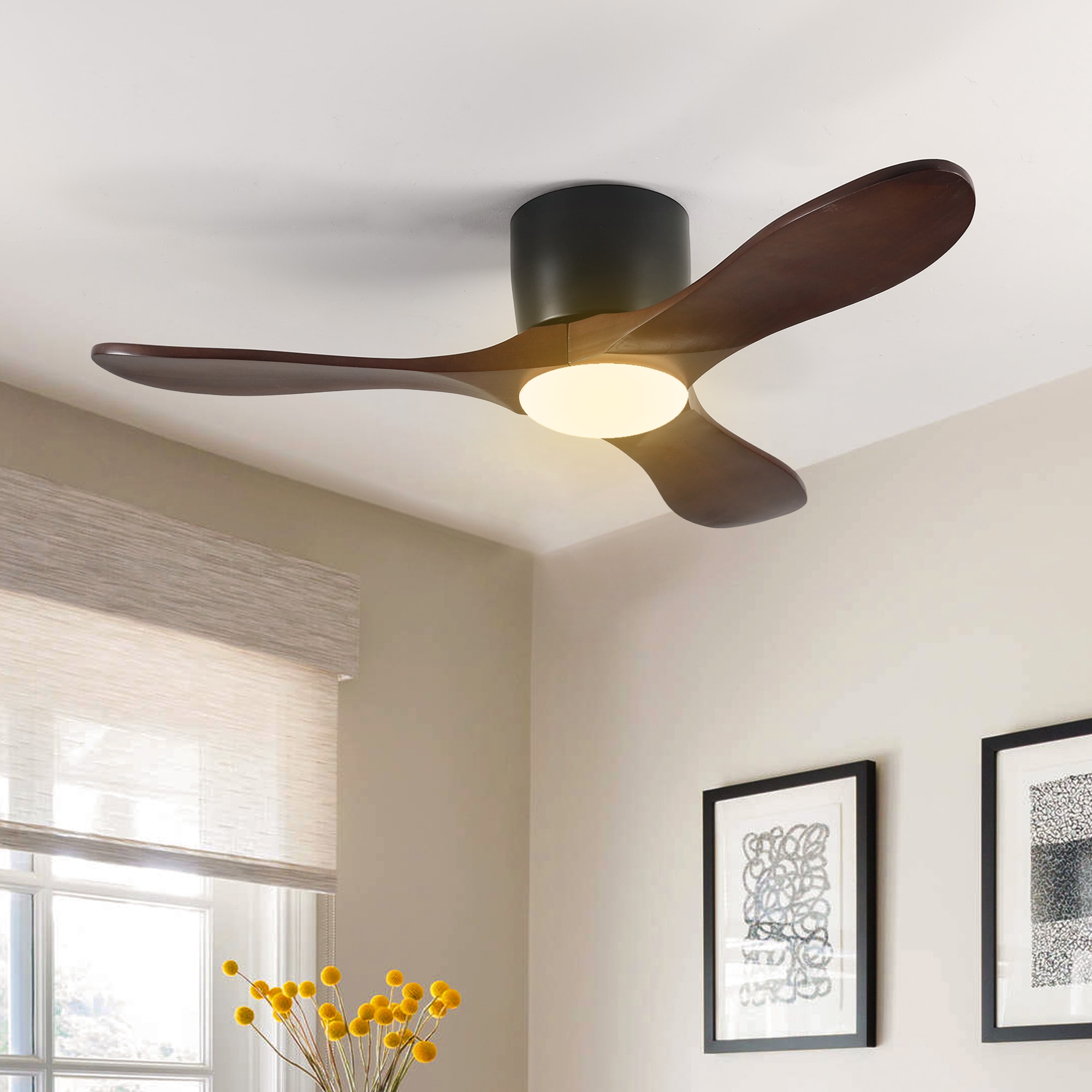 Shinevoy - 42 in.Dark Walnut Wood Blades Indoor Reversible Quiet DC Motor Ceiling Fan for Patio L...