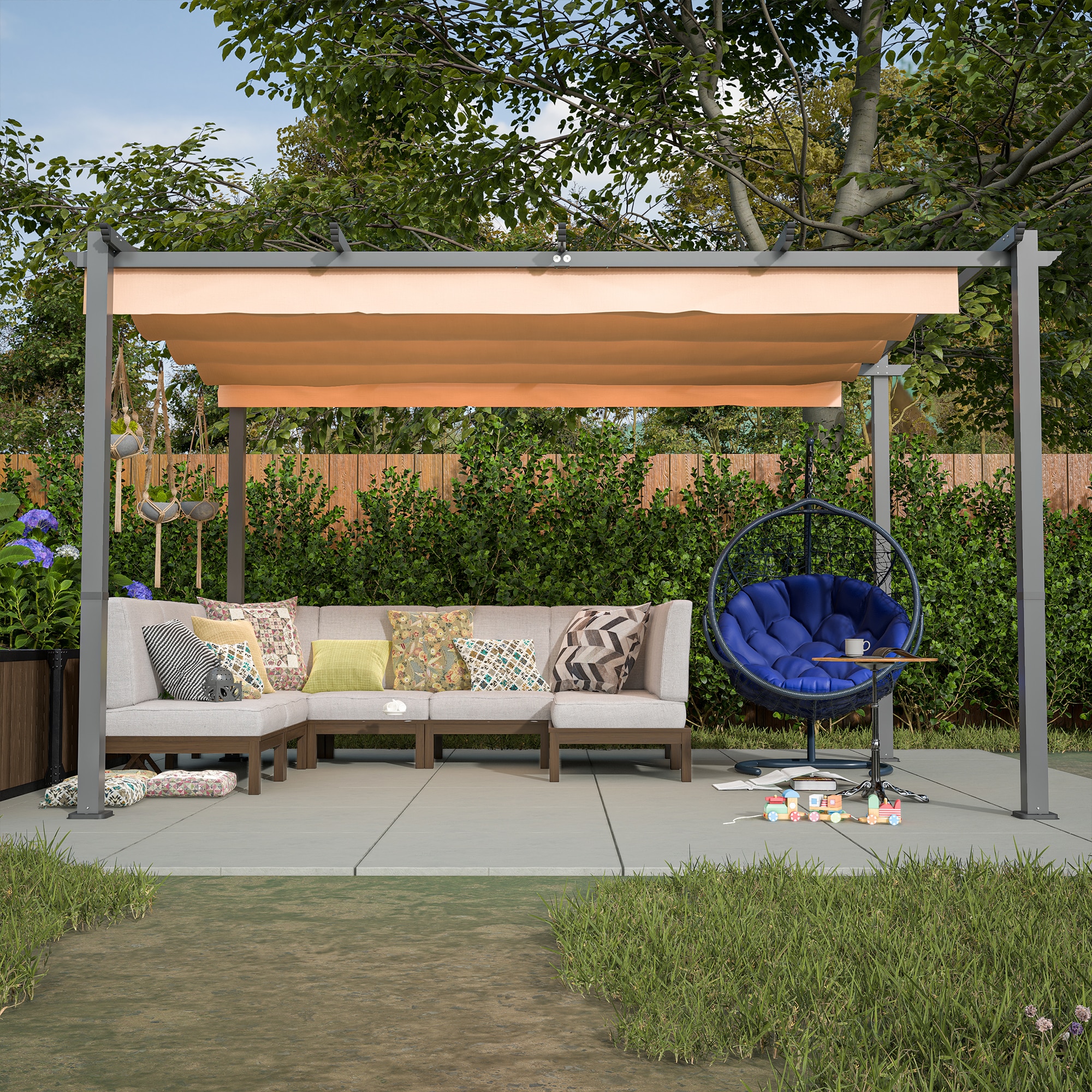JIMSMAISON BOSHECG01-13KH 9-ft 9-in W x 13-ft L x 7-ft 3-in H Khaki Metal Freestanding Pergola with Canopy