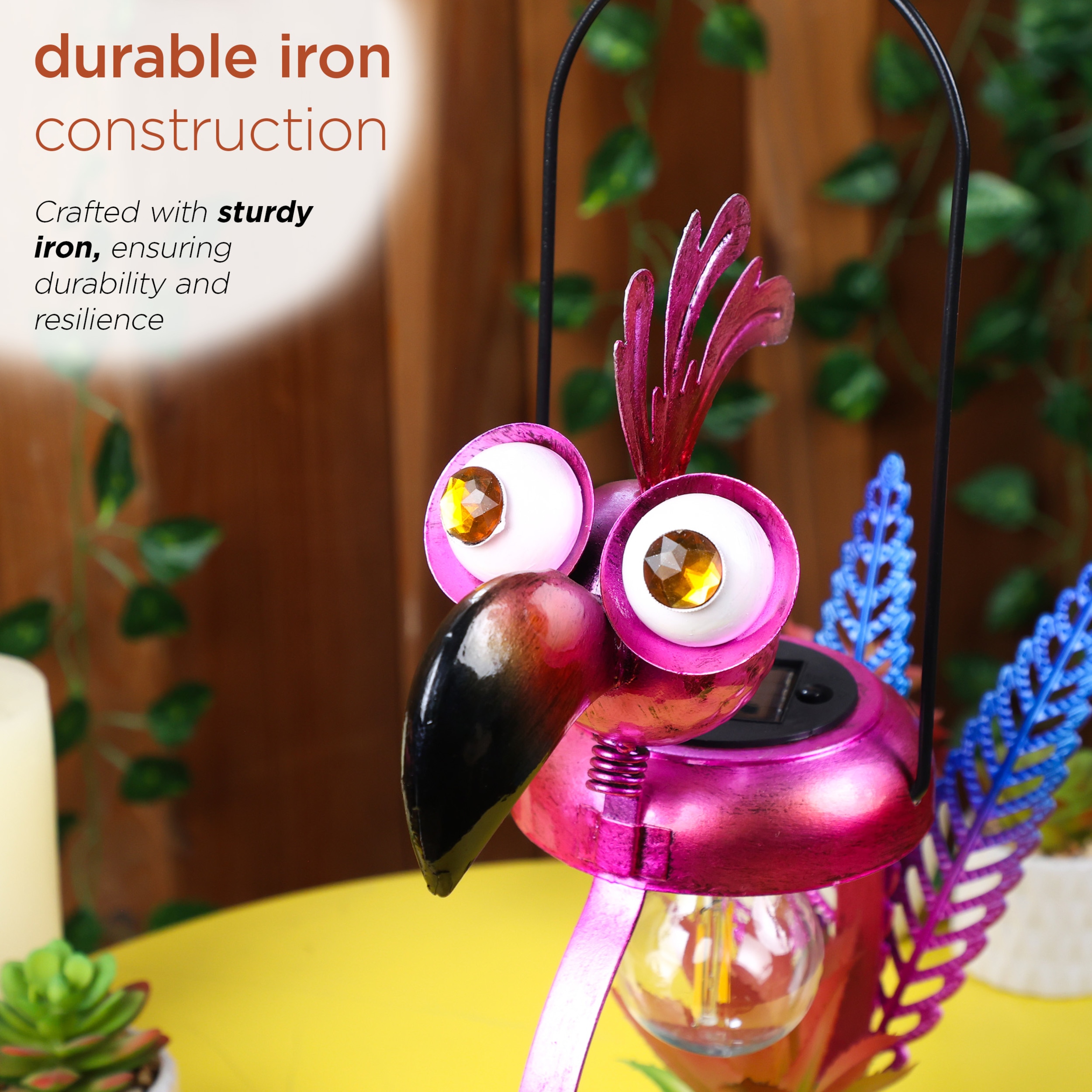 16" Solar Pink Flamingo Metal Garden Decor with LED Light