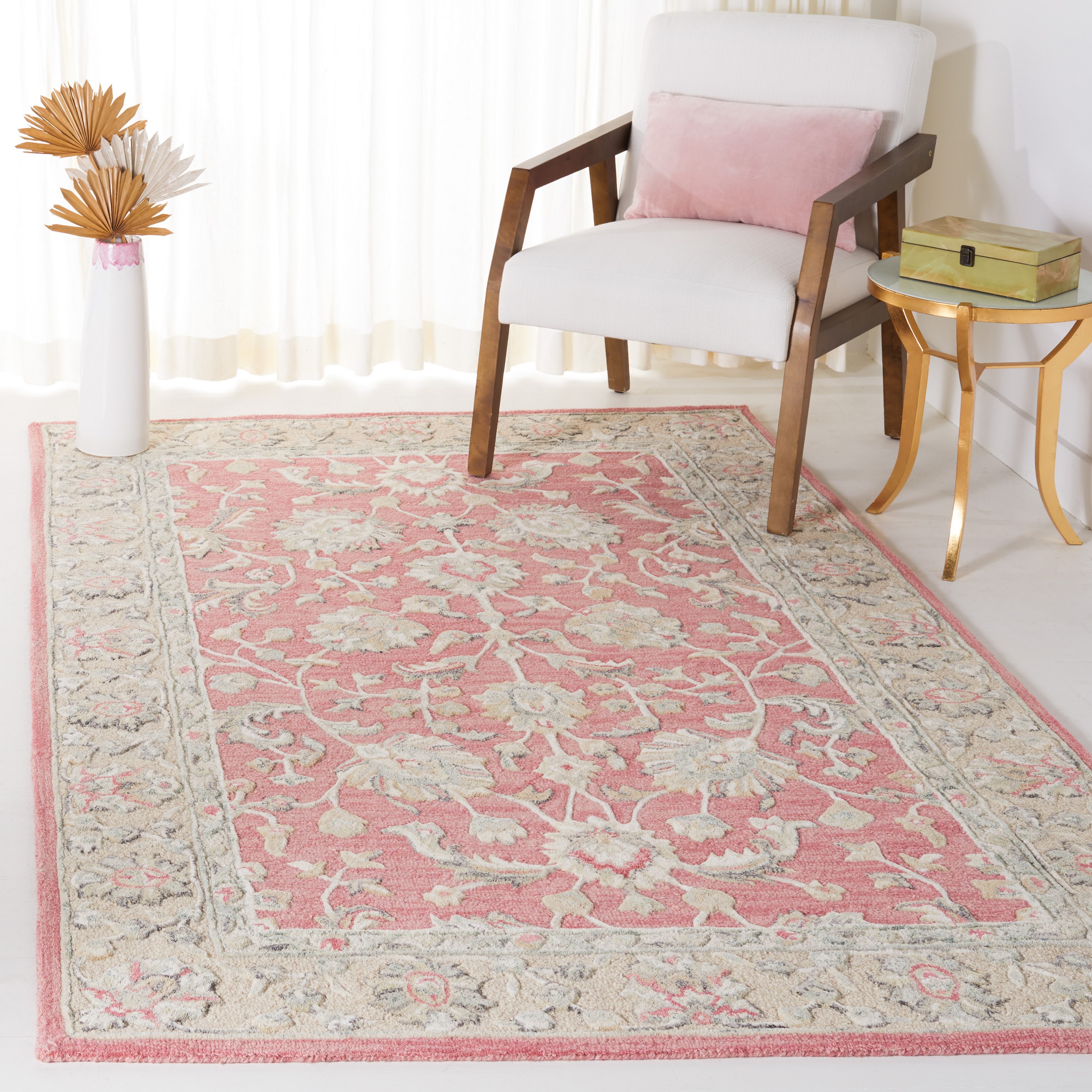Safavieh GLM628U-6SQ Glamour Aegina 6 x 6 (ft) Tufted Wool Pink/Beige Square Indoor Floral/Botanical Vintage Area rug