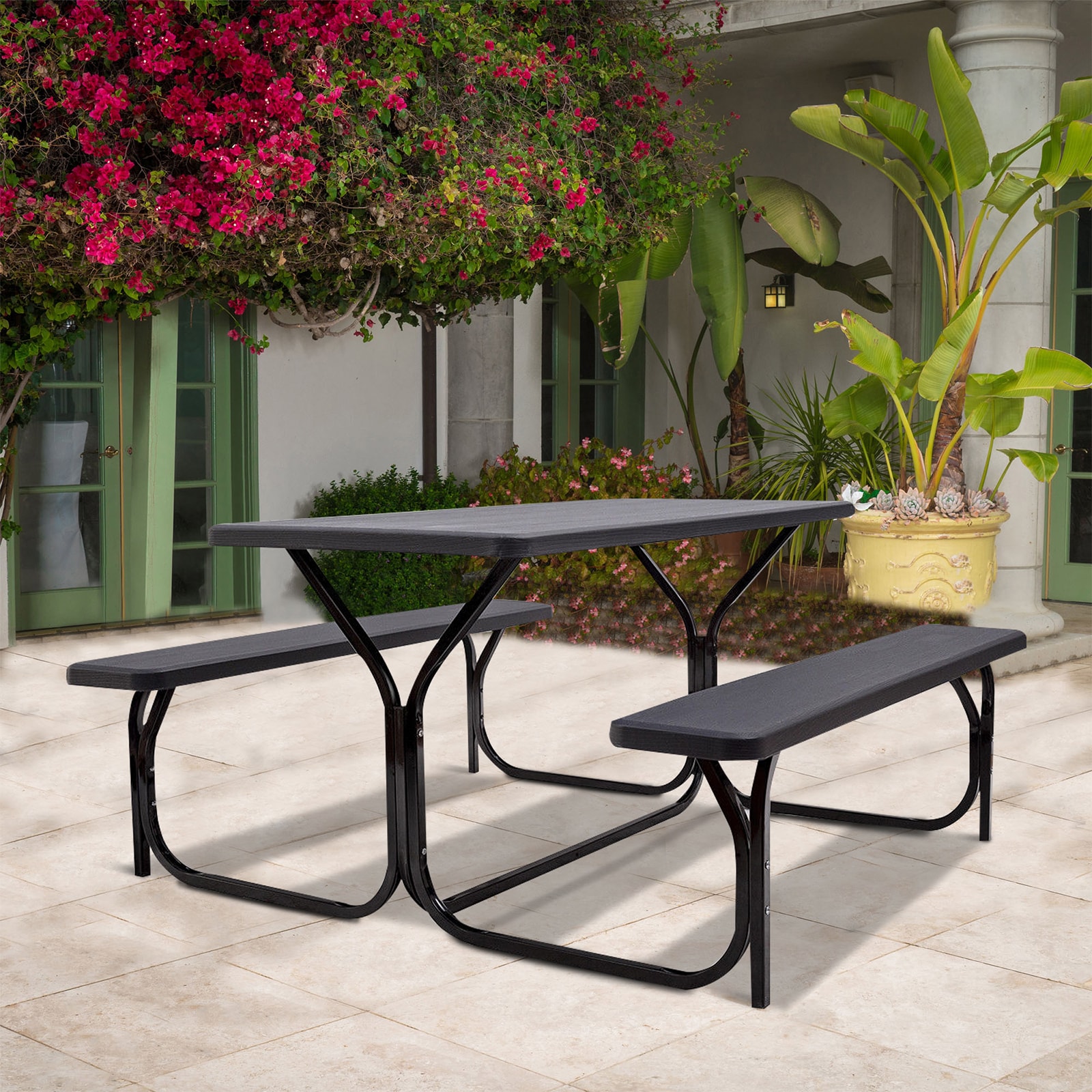 WELLFOR Commercial Grade Black Rectangle Picnic Table with Attached ...