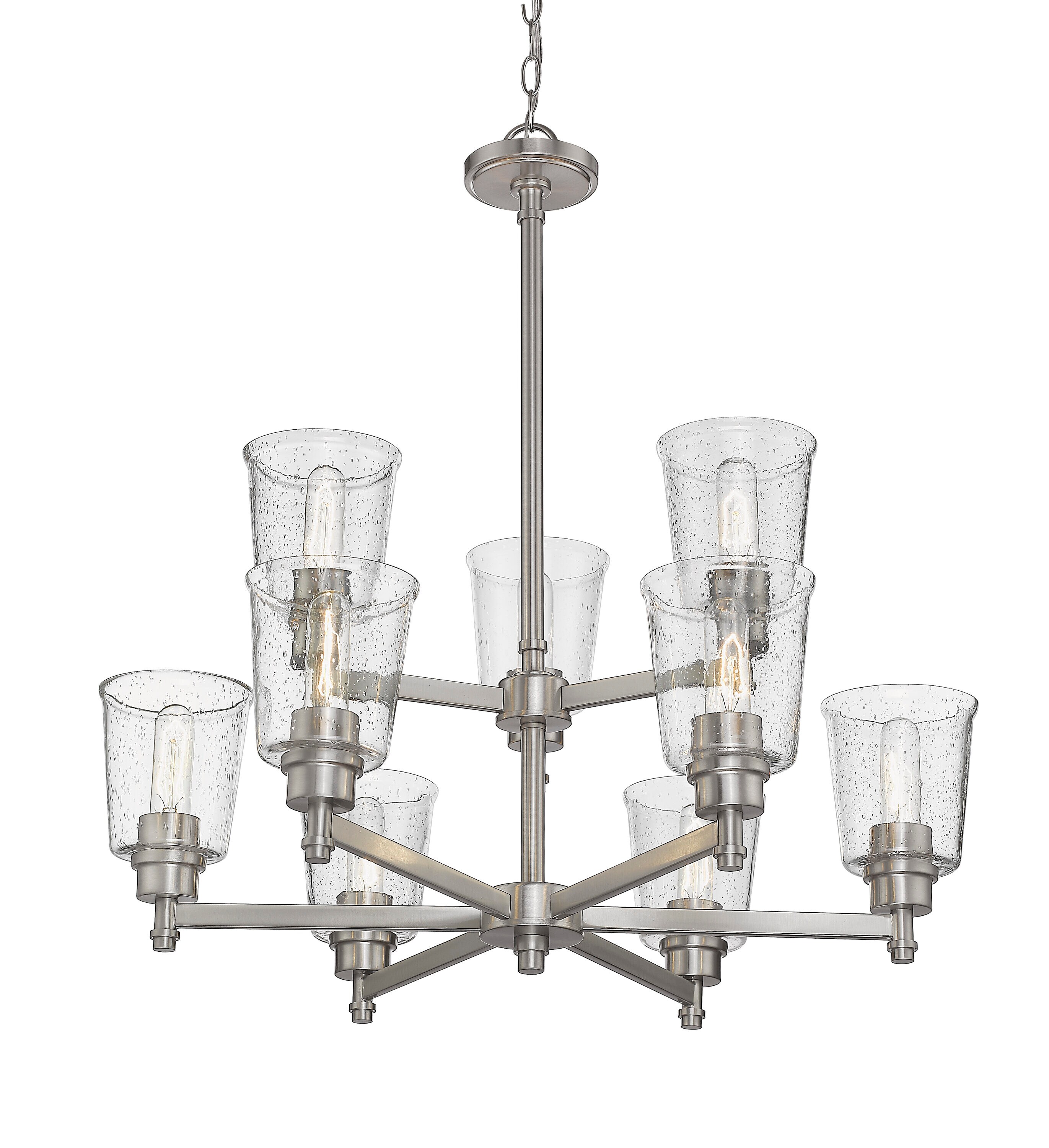 Luxurious Brushed Nickel 9-Light Chandelier with Clear Seedy Glass Shades