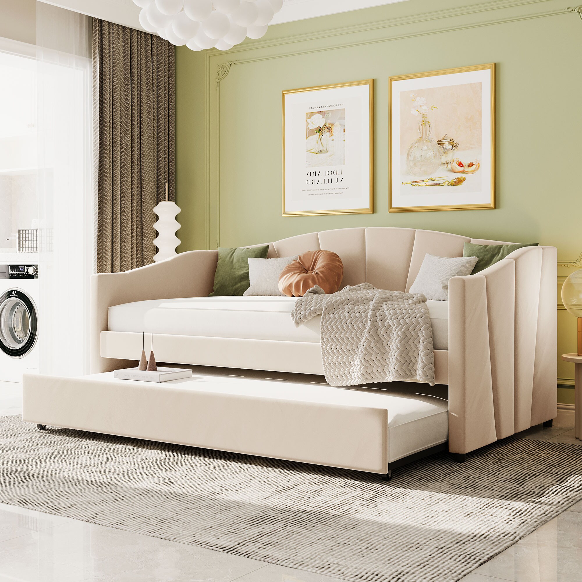 ModernLuxe LP000412AAA Upholstered Daybed Sofa Bed Twin Size With Trundle Bed and Wood Slat Beige