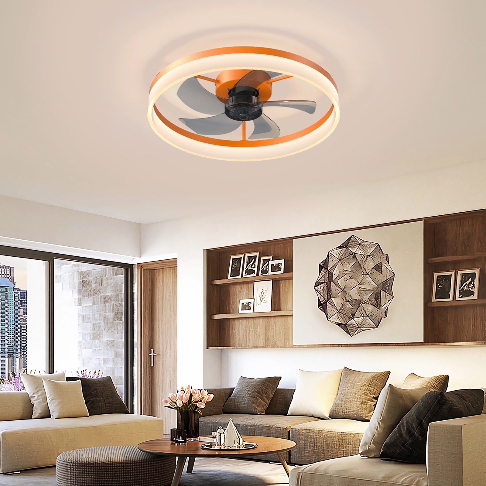 JUSHUA Ceiling Fans with Lights Dimmable LED Embedded installation of thin modern ceiling fans (Orange)