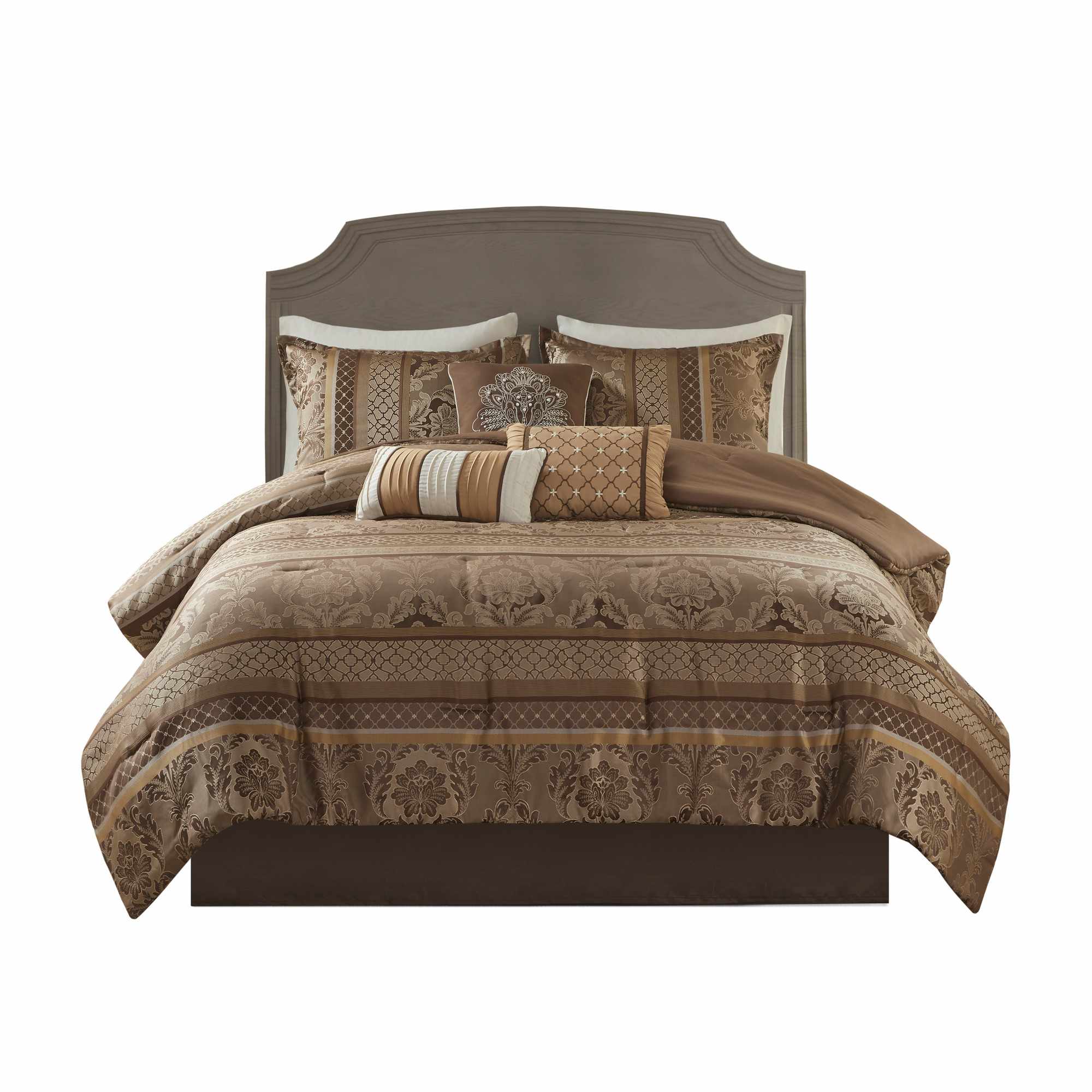 Vynxaria LEXY1526-DJWS-CP293 Series Brown Gold Luxurious Leaf Striping Ironwork Polyester Jacquard with Polyester Fill King 7 Piece Jacquard Comforter Set Blanket