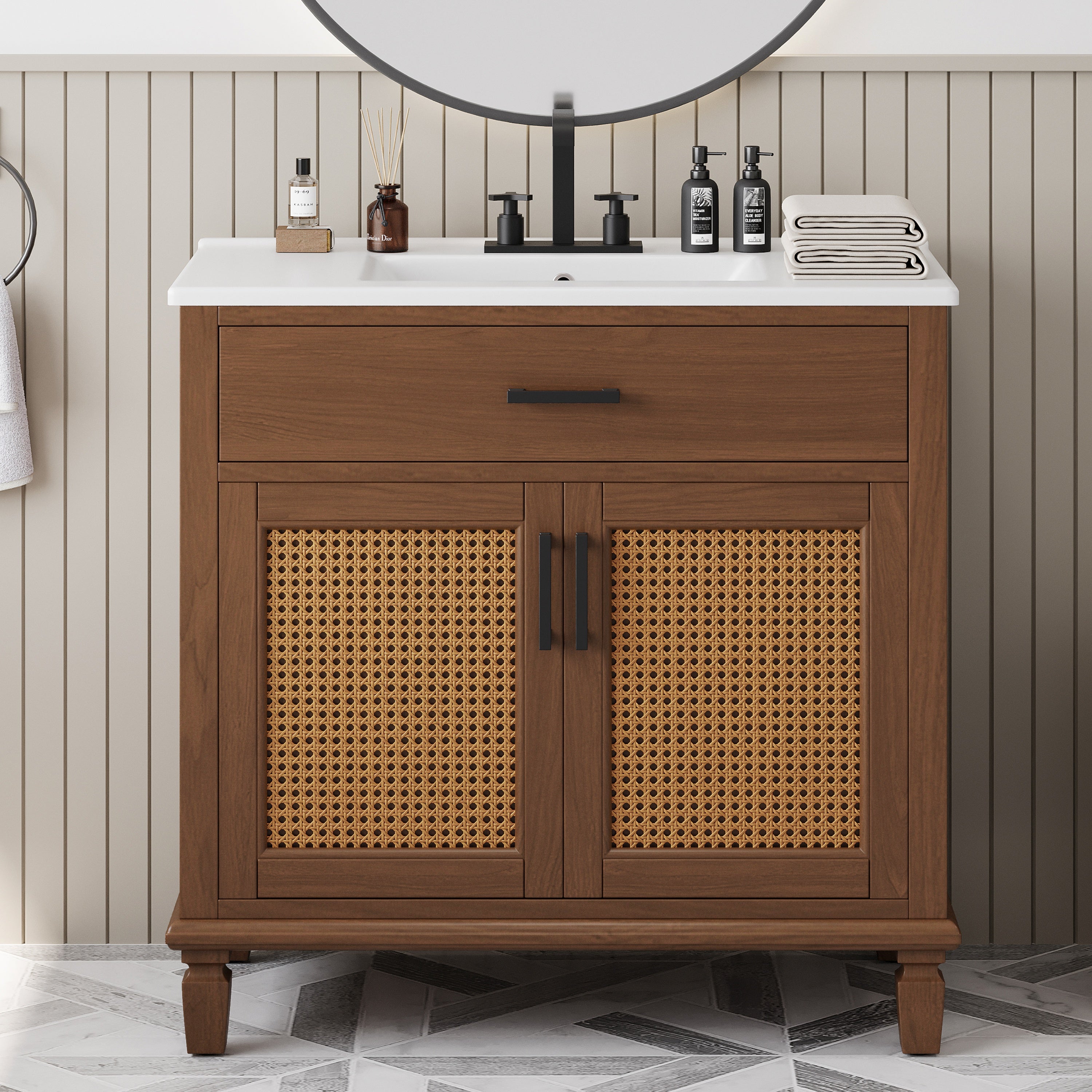 Boyel Living BL-NE-1077B 36 Inch Rattan Bathroom Vanity with Ceramic Sink Soft Close Doors and Drawers Solid Wood Legs Brown
