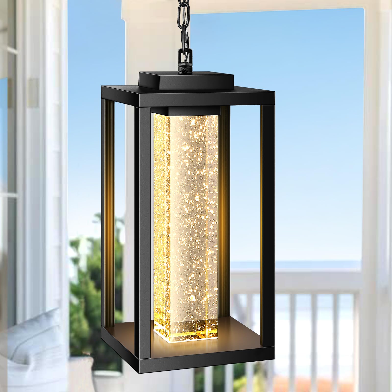 Adrinfly  Large Outdoor Pendant Light with Adjustable Chain Modern Black Exterior Chandelier with Integrated Ten Watt LED Light for Porch
