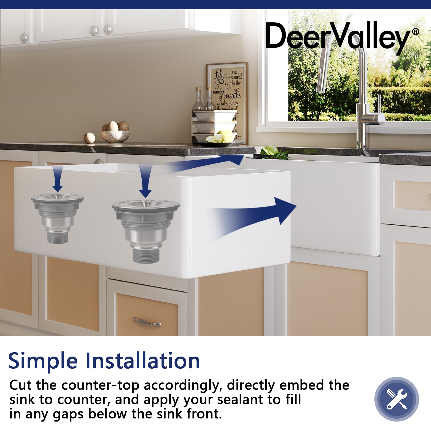 DeerValley 33 in. Farmhouse/Apron-Front Double Bowl White Fireclay Workstation Kitchen Sink with Grid and Basket Strainer