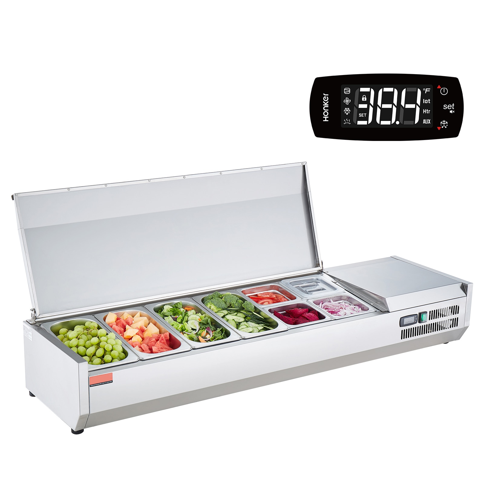 SVOPES SCBXGZLZDWT603190V1 Refrigerated Condiment Prep Station 150 W Countertop Refrigerated Condiment Station with 4 1/3 Pans and 4 1/6 Pans 304 Stainless Body and PC Lid Sandwich Prep Table with Stainless Guard ETL