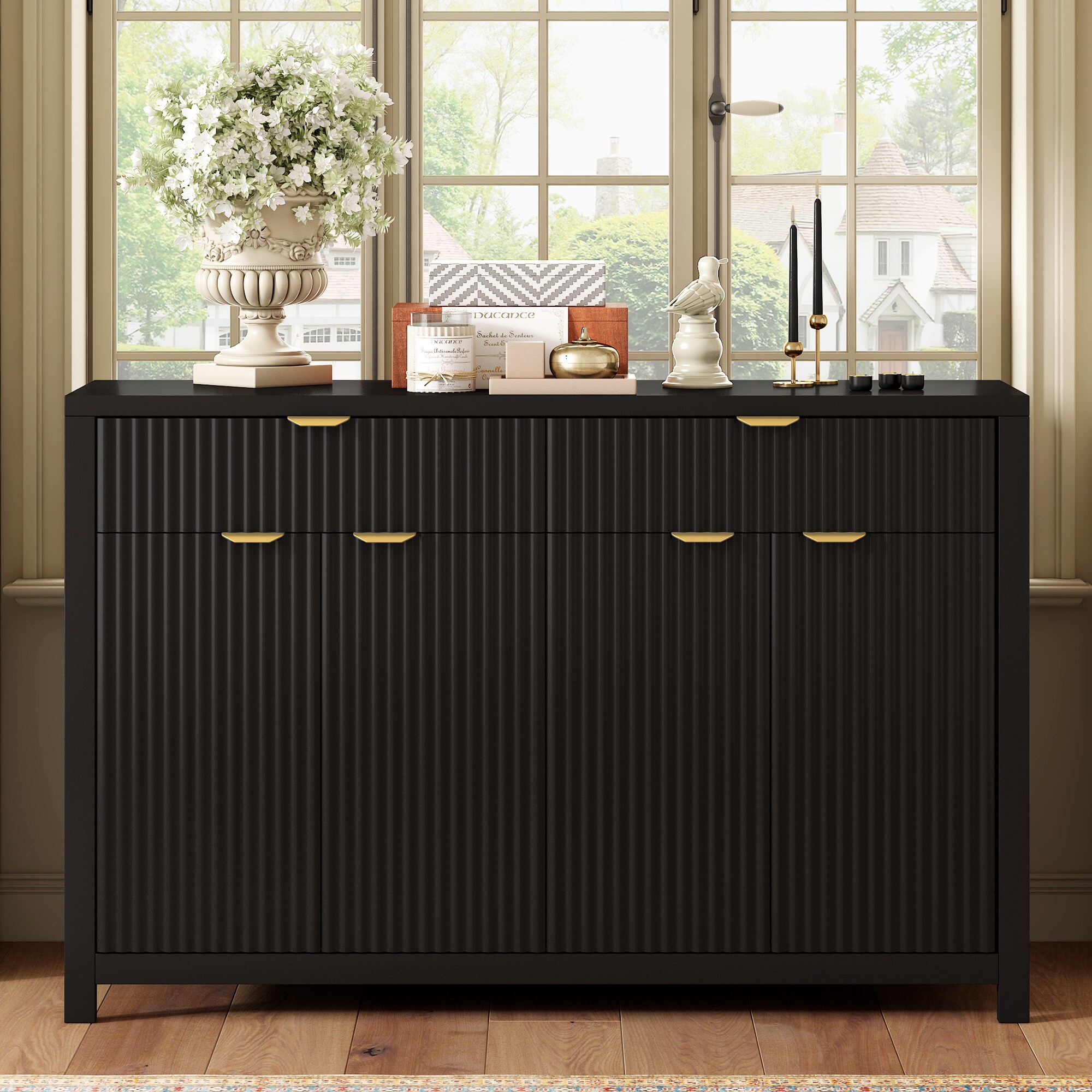 GDFStudio 336450 Soren Scandinavian Style Wood Sideboard with 2 Wave Pattern Drawers and Adjustable Shelves Black