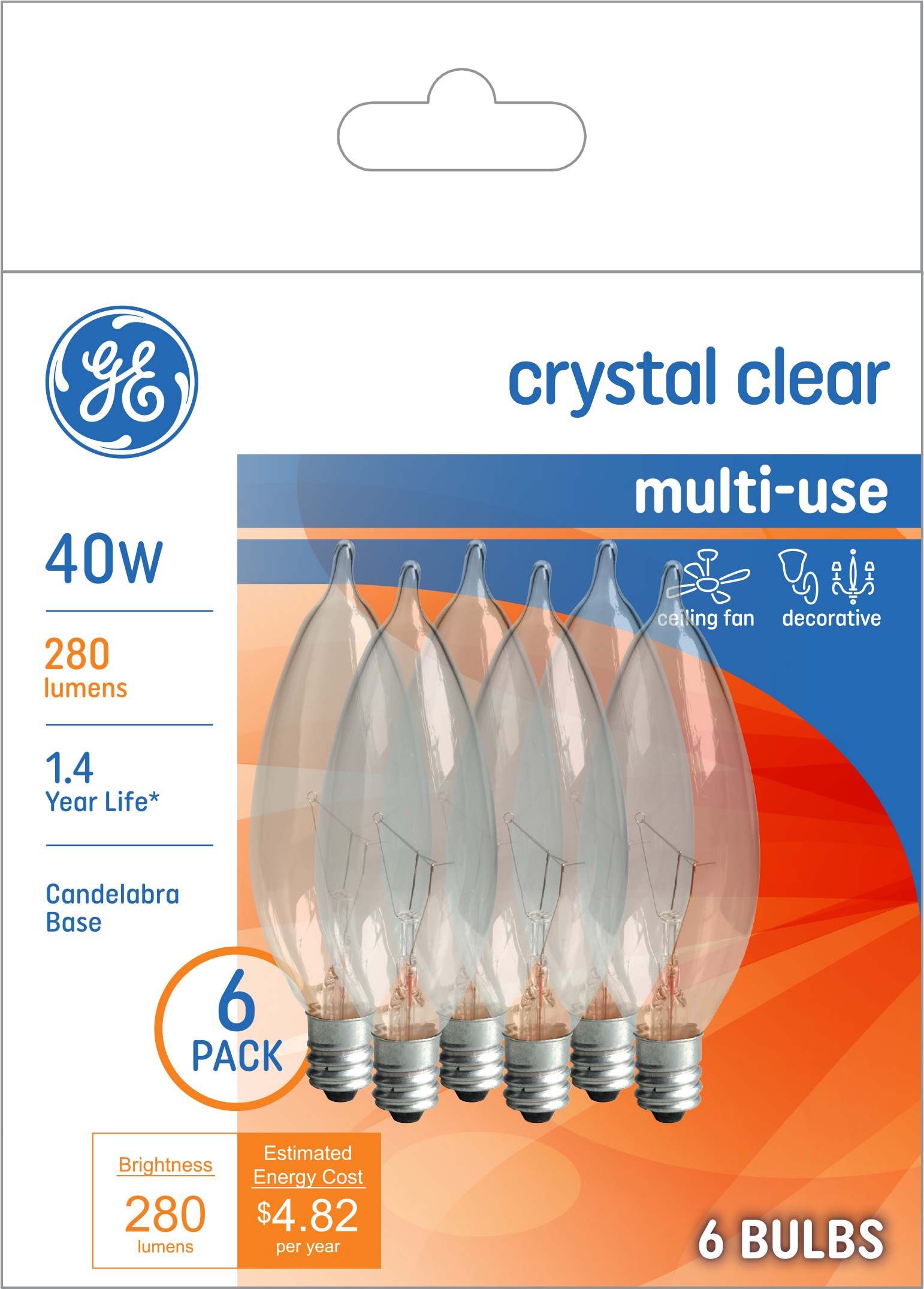 GE Classic 40-Watt EQ CA10 Soft White Candelabra Base (e-12) Dimmable ...