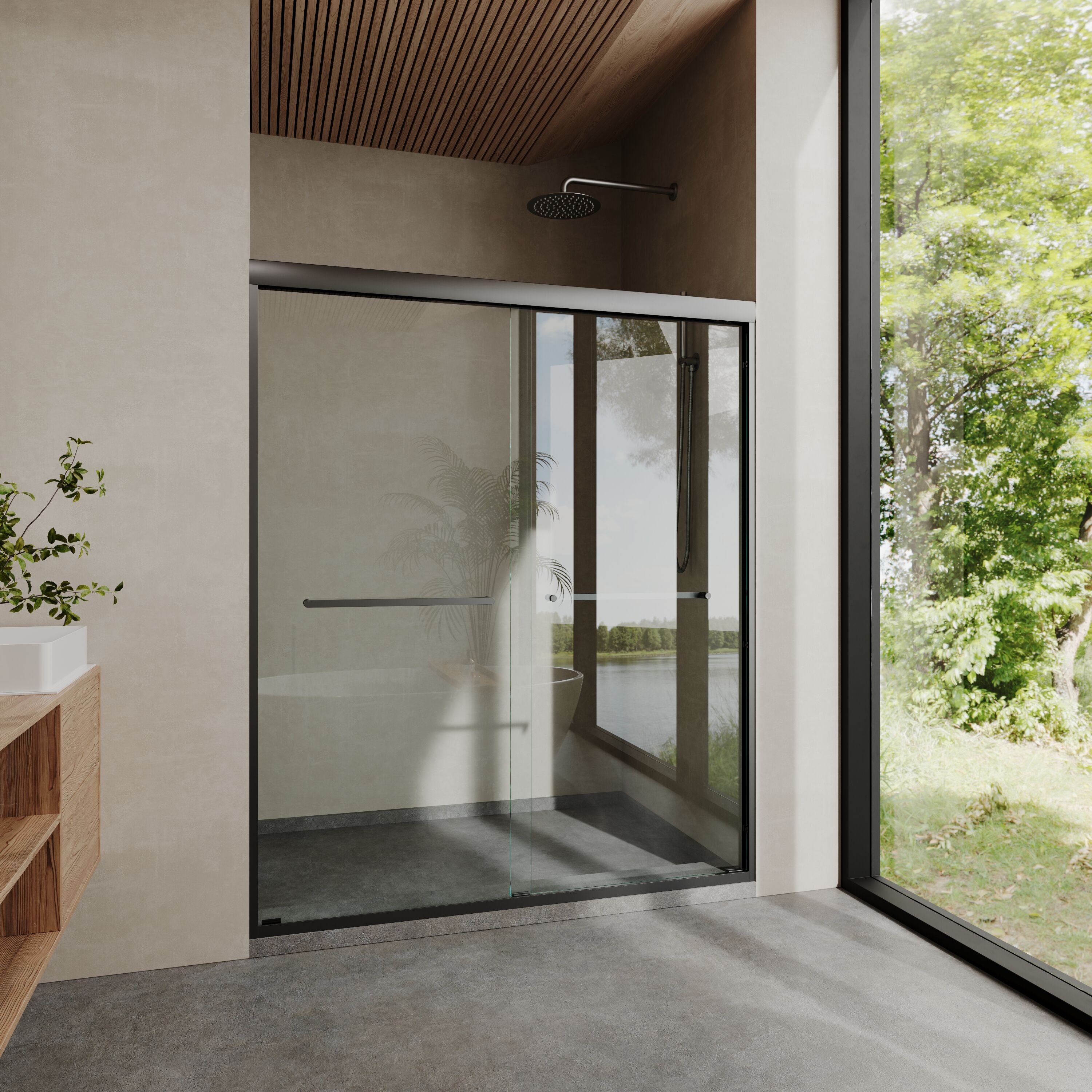 WELLFOR Cora Track Sliding Shower Door Matte Black 56-in to 60-in W x 72-in H Framed Clear Glass Sliding Shower door