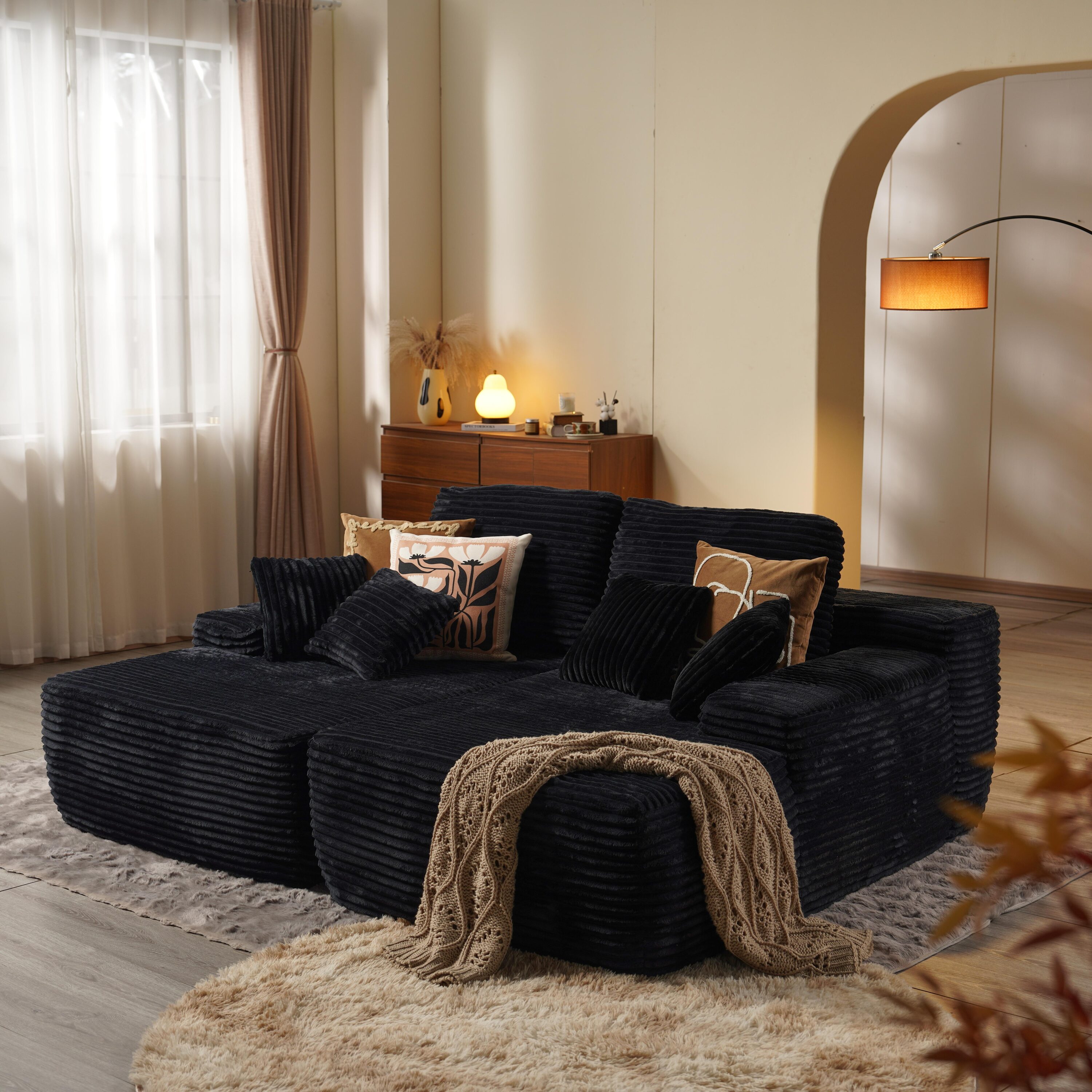 Pouuin SAS430 81.1-in Modern Black Long Plush Sectional
