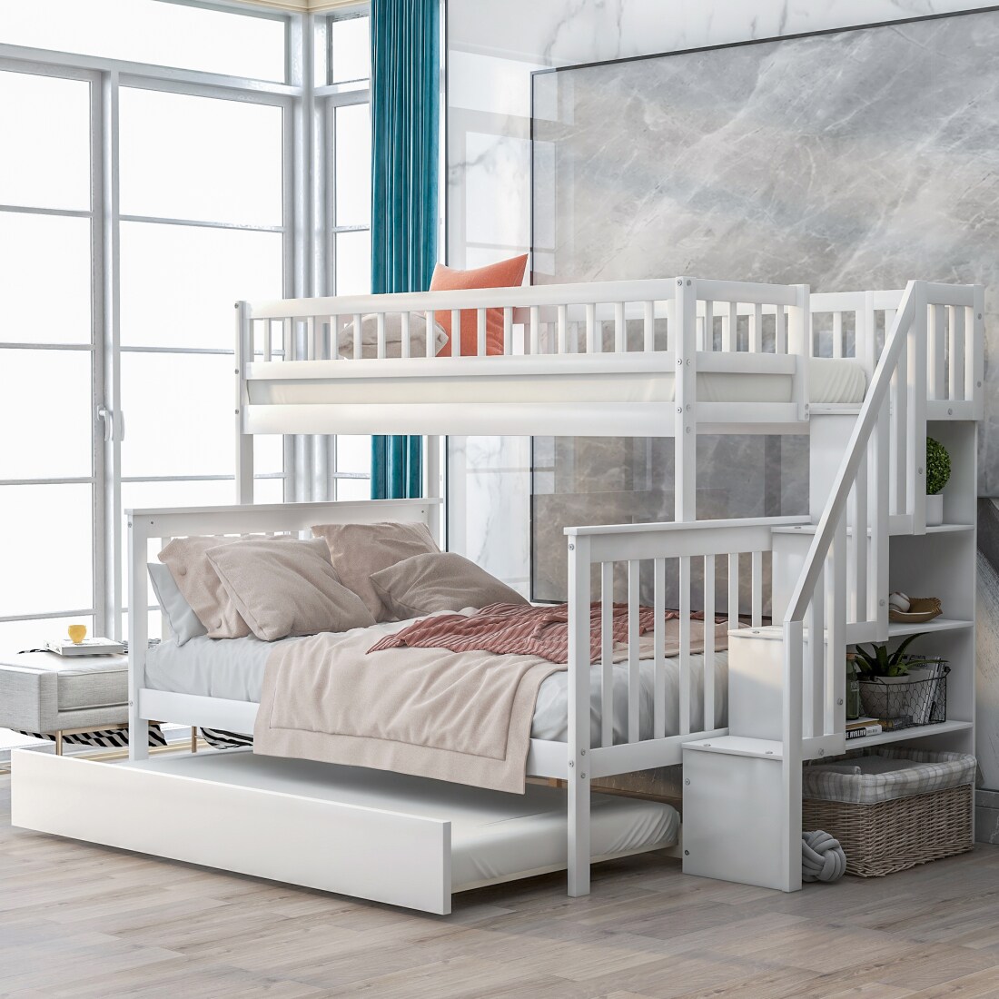 CHITA Twin Over Full Wooden Bunk Bed with Staircase Trundle Built In