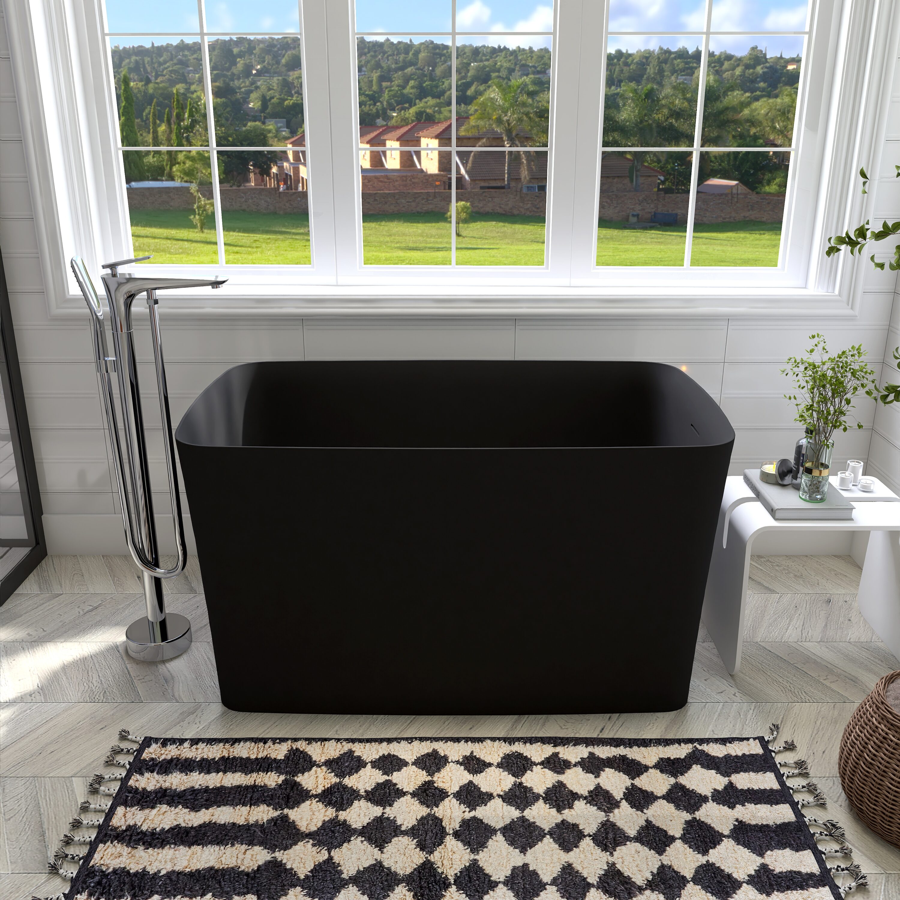 POCCI 47 Inch Matte Black Solid Surface Freestanding Bathtub Compact Soaking Tub with Seat