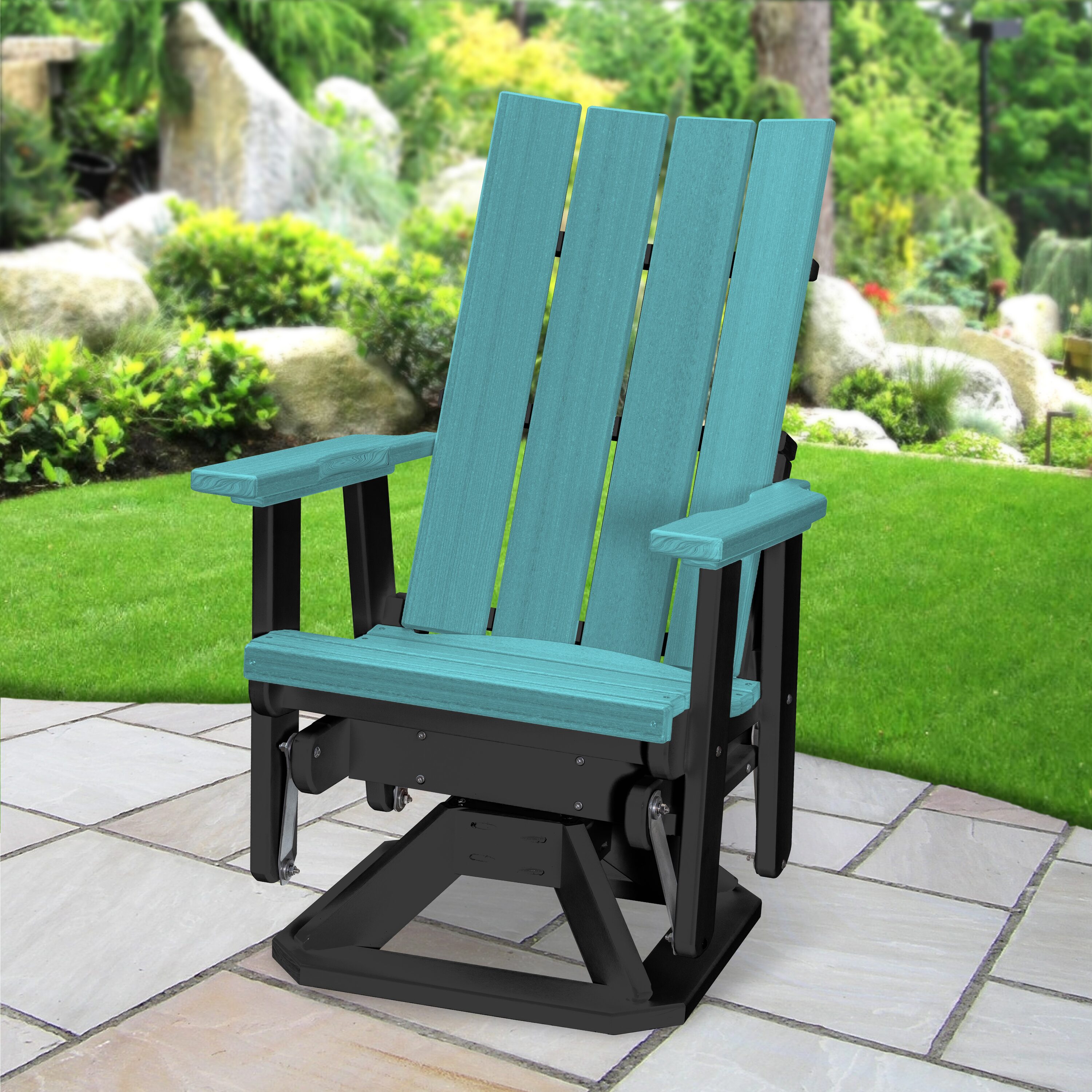 American Furniture Classics Brandon Black HDPE Frame Swivel glider Adirondack Chair with Slat Seat