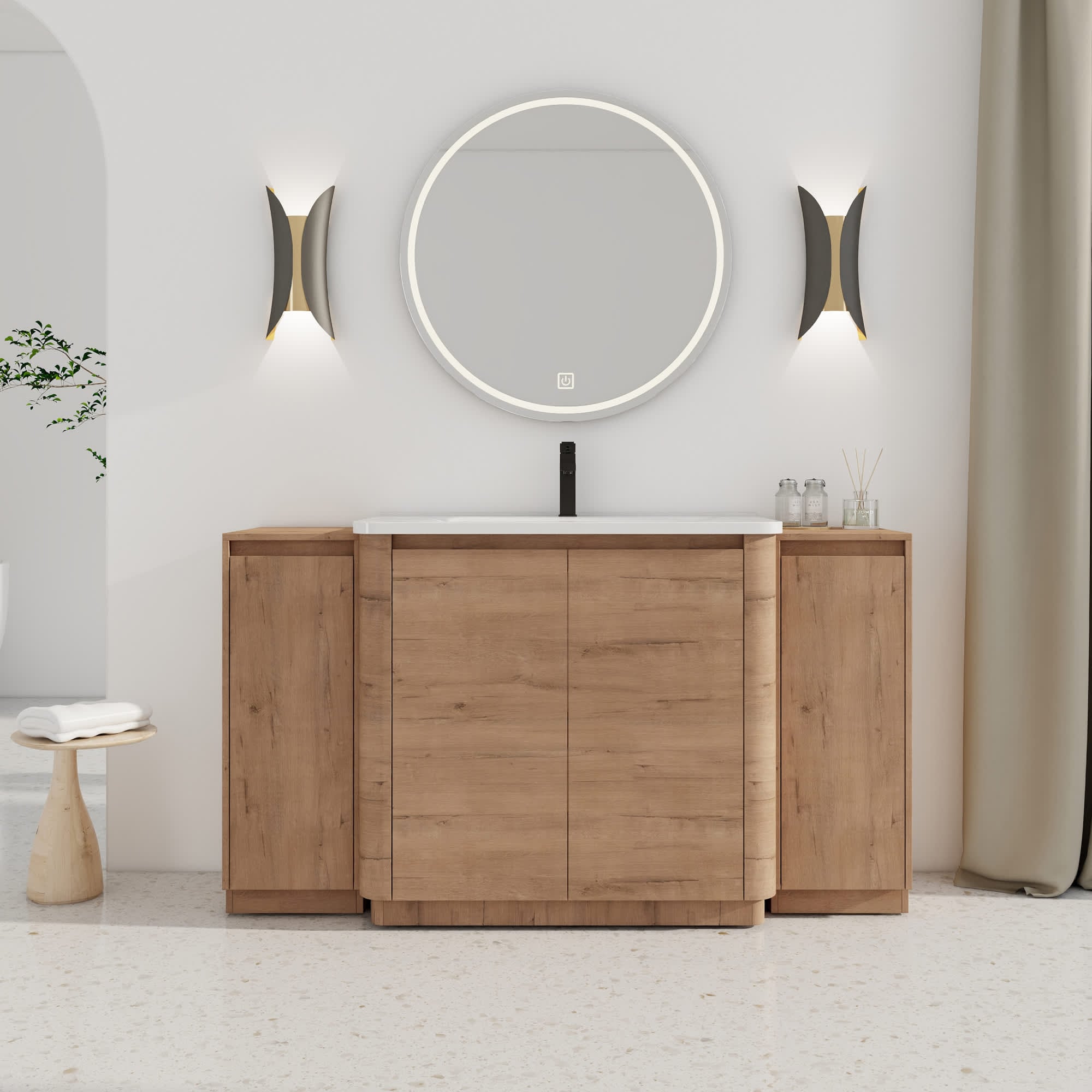 Roomfitters  60 Inch Freestanding Bathroom Vanity Set with Ceramic Sink and Dual Side Storage Cabinets in Imitative Oak