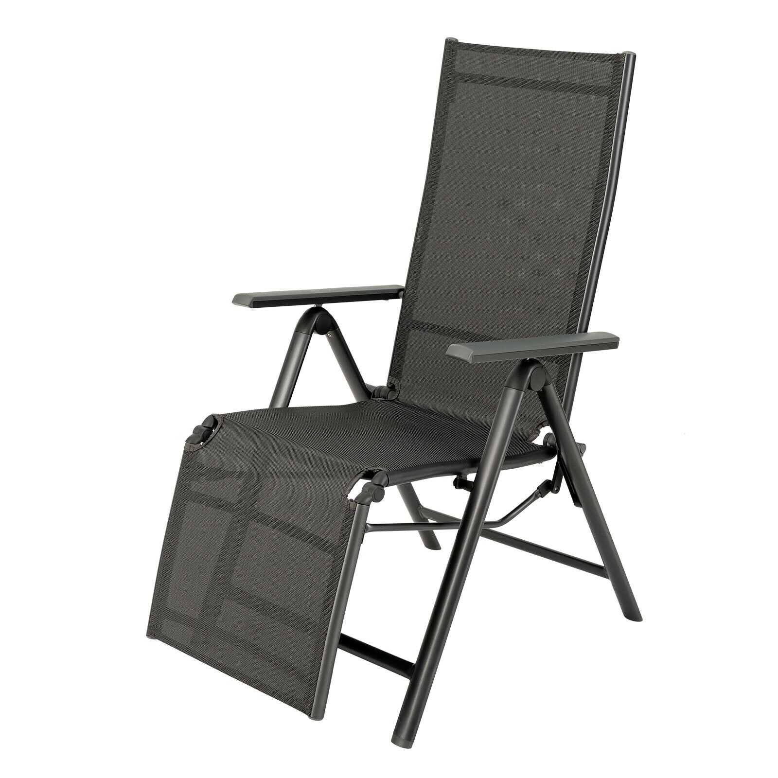 Forclover HBV-0100GR Outdoor Folding Lounge Chair Black Metal Frame Stationary Chaise Lounge Chair with Gray Mesh Seat
