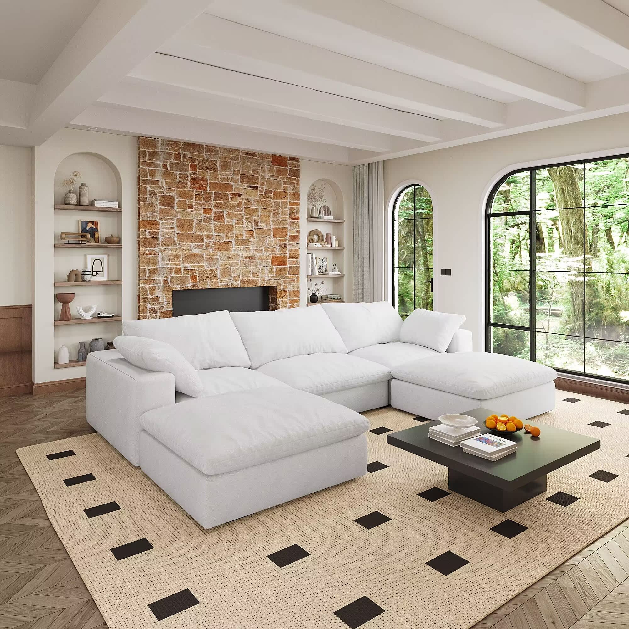 Misty Moon FXLW0403-S00021 120 Inch 5 Seats Large Size Modular Cloud Sofa with 2 Ottomans Down Sofa Bed Apartment Living Room Sofa