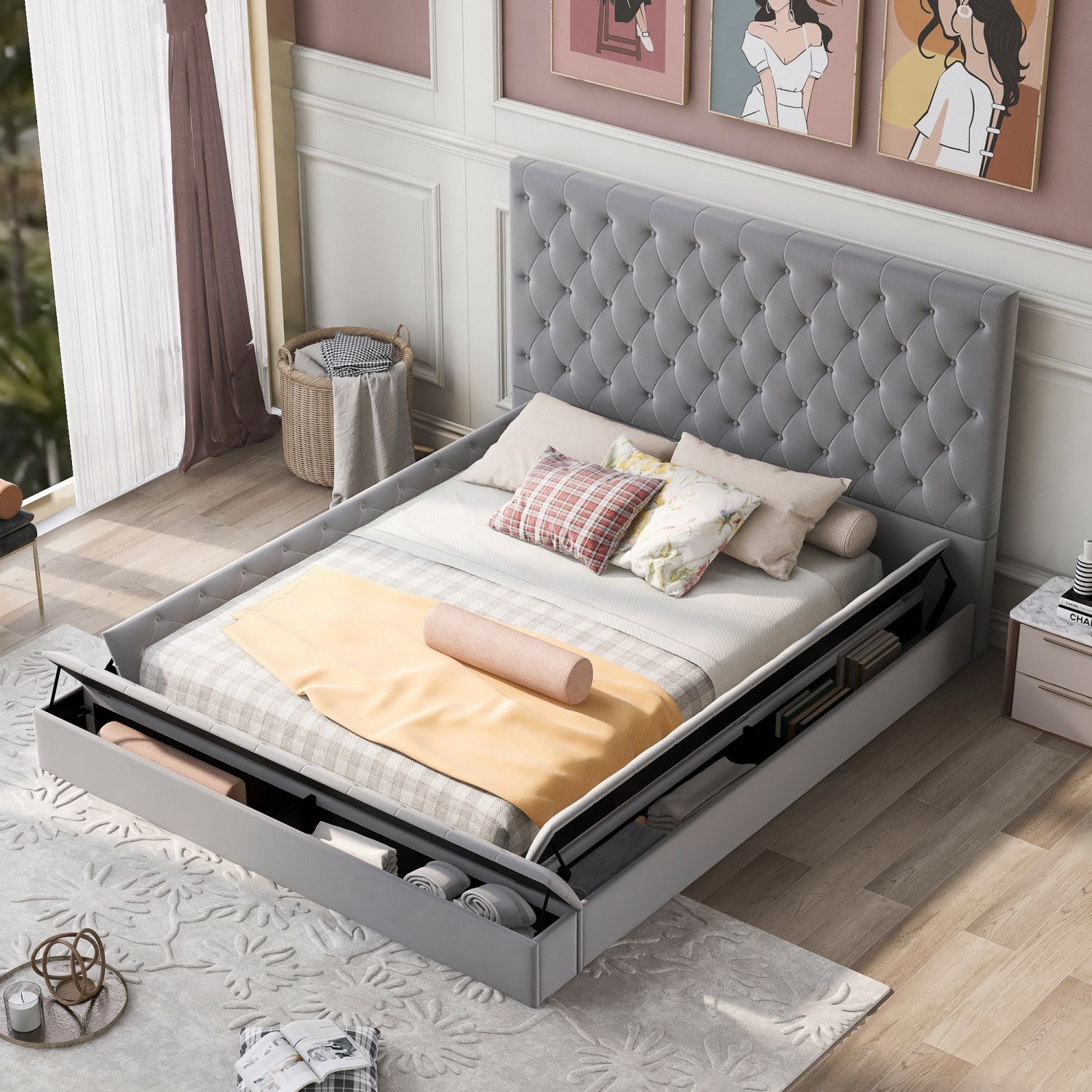 JASMODER GX001501AAE Gray Full Composite Platform Bed with Storage