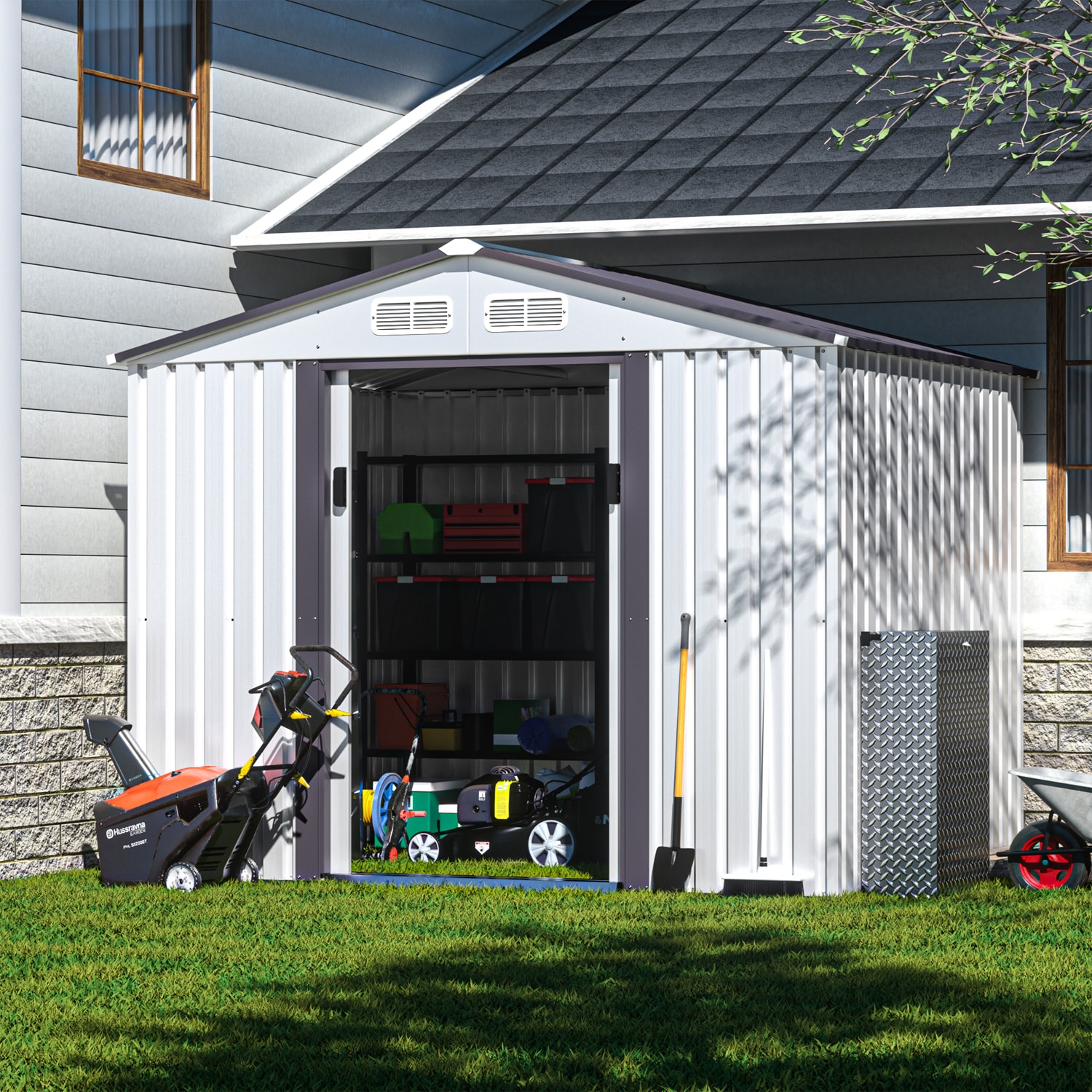 Sandinrayli 4' x 6' Garden Tool Storage Utility Shed Outdoor House Galvanized Steel w/Sliding Door