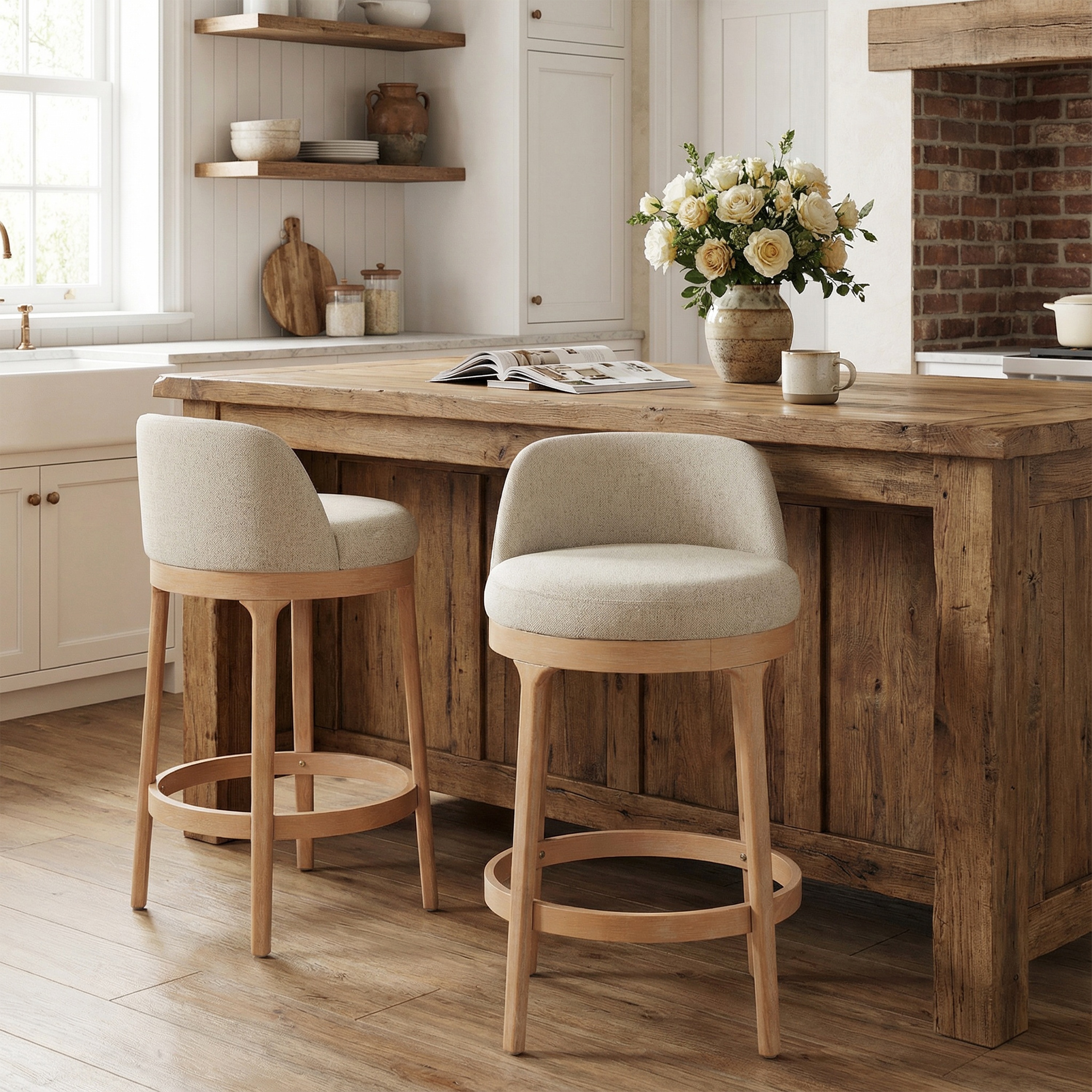 Christopher Knight Home Set of 2 Beige Upholstered Wooden Counter Stools with Natural Finish