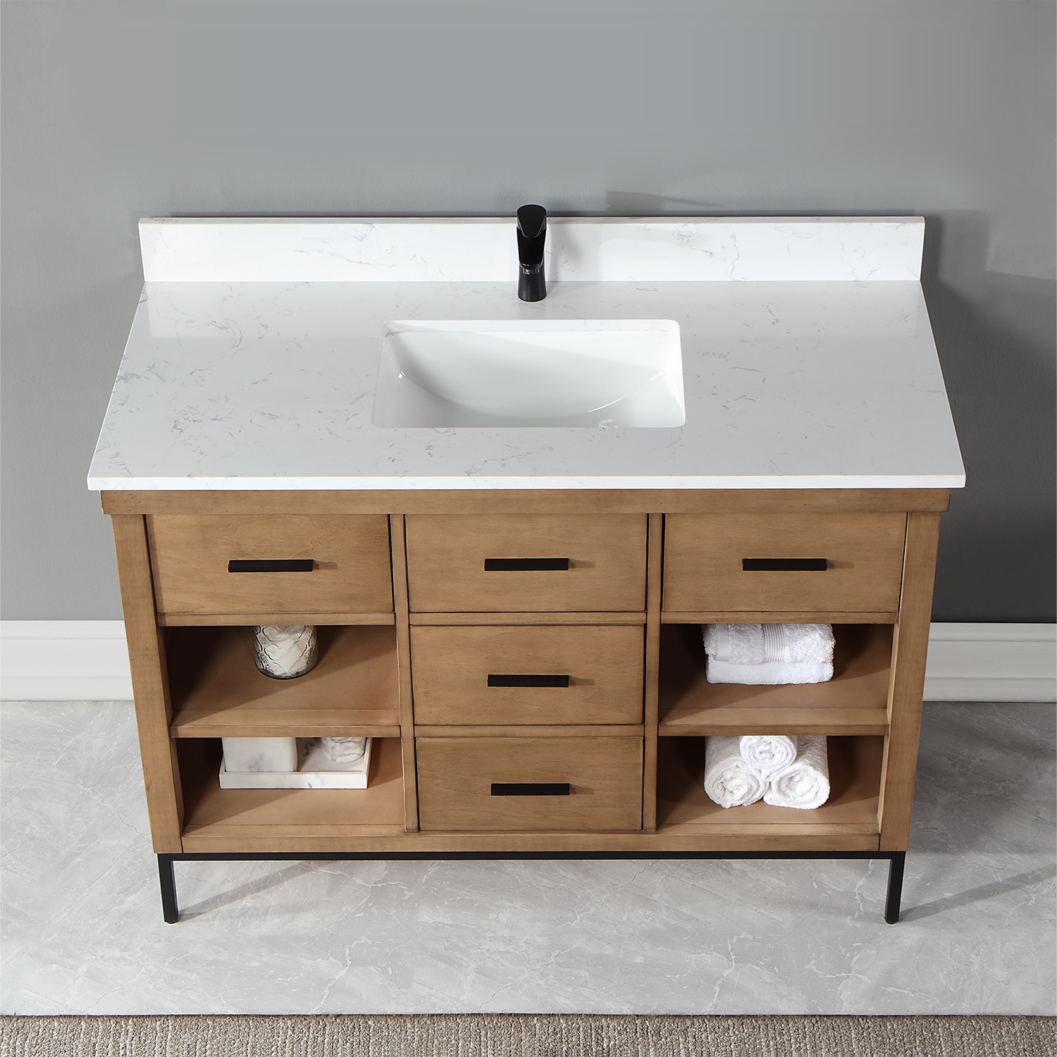 Kesia 48" Brown Pine Single Bathroom Vanity with White Stone Countertop