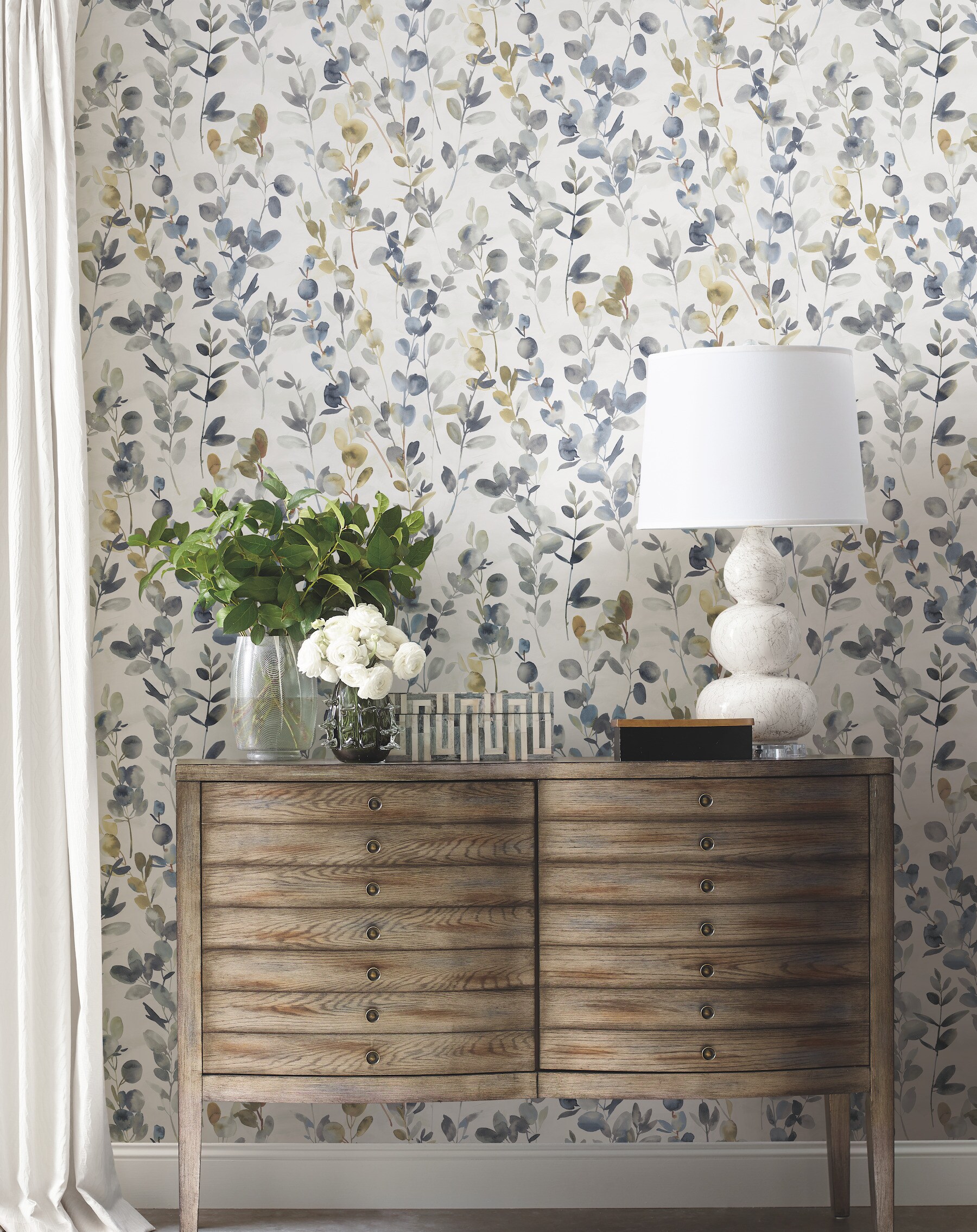 Candice Olson Navy Joyful Eucalyptus Peel and Stick Wallpaper in the