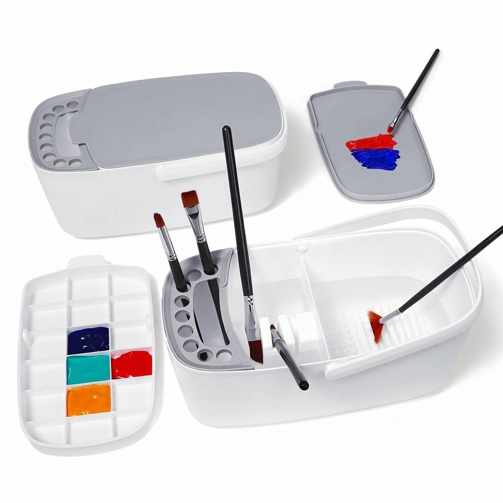 Phyfalip  Paint Brush Cleaner and Holder with Palette Handle and Three Compartments for Acrylic Watercolor and Water Based Paints Art Supply