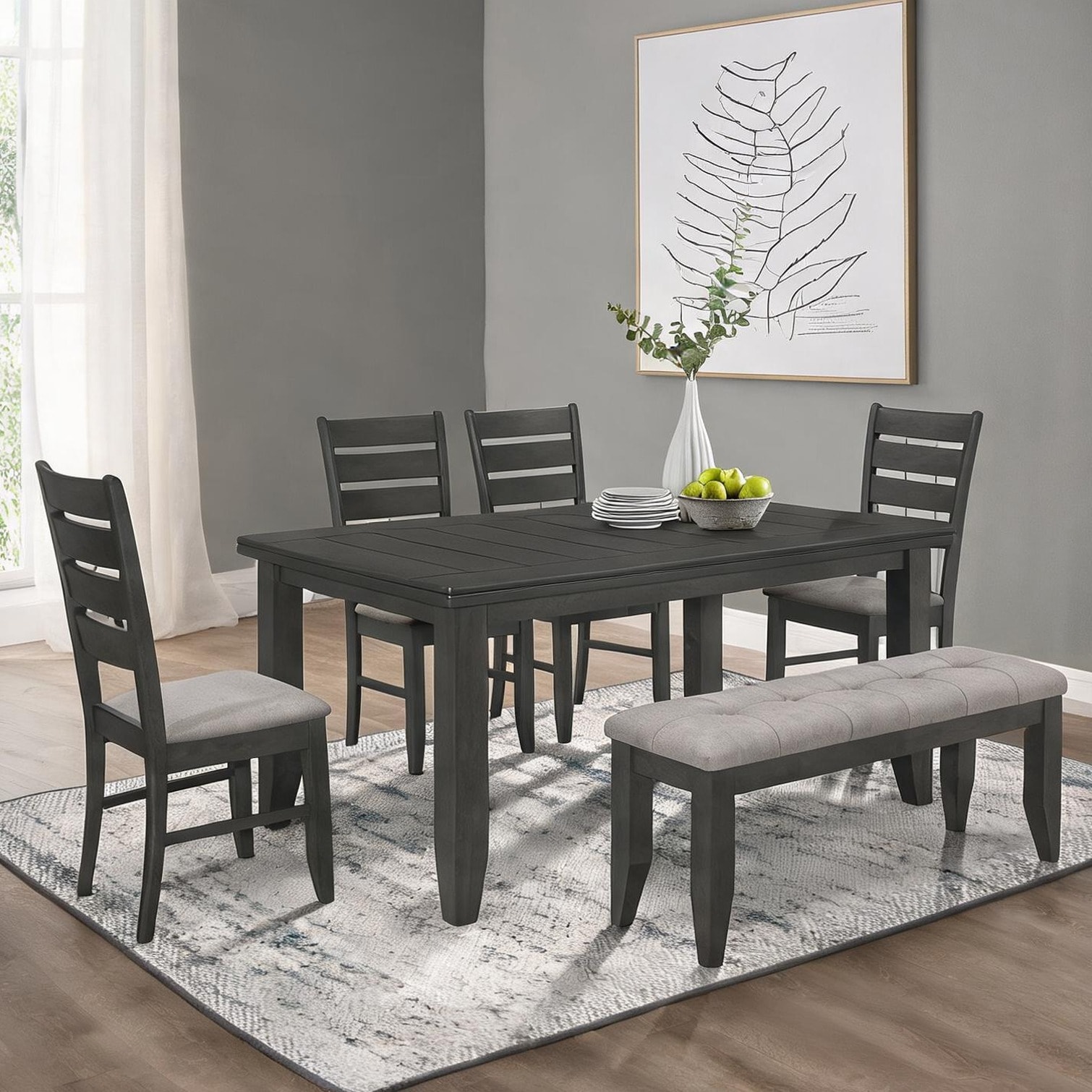 Watnature 6-Piece Wood Dining Set with Bench and Chairs Neutral Gray ...