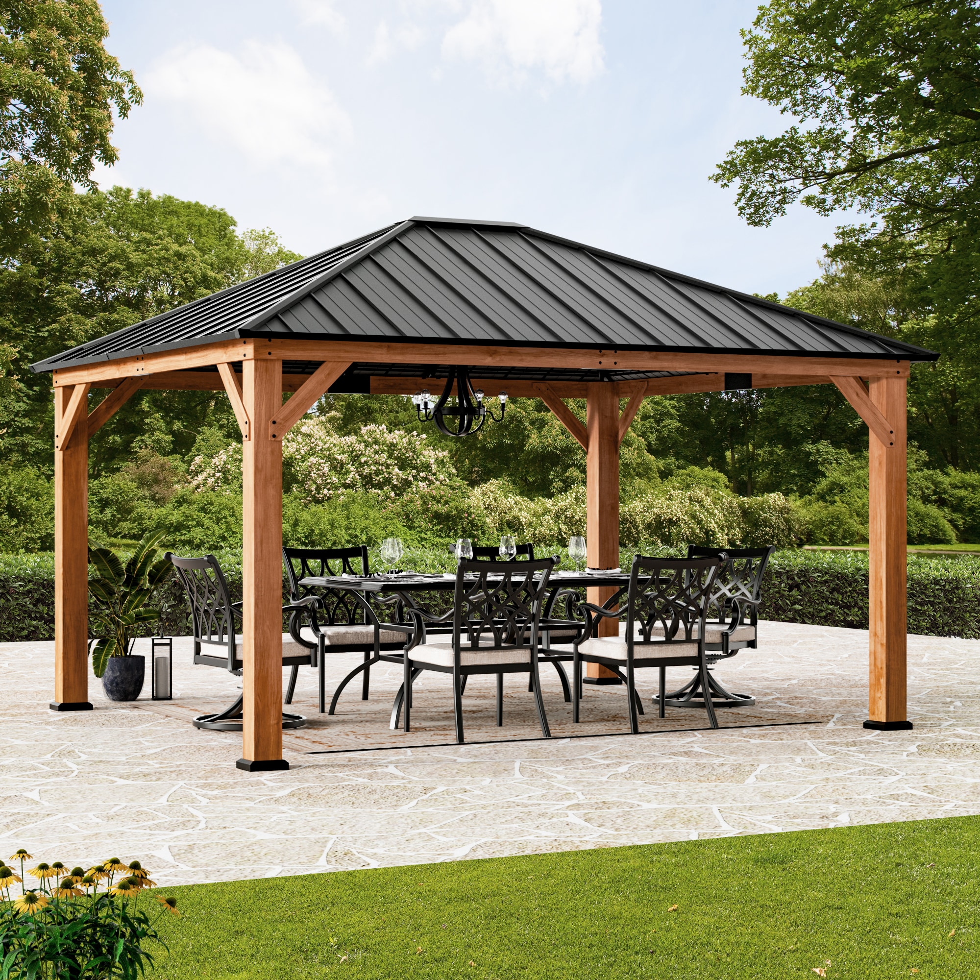 Modern Shade - 12-ft x 14-ft Cedar Wood Hardtop Patio Gazebo with Galvanized Steel Roof