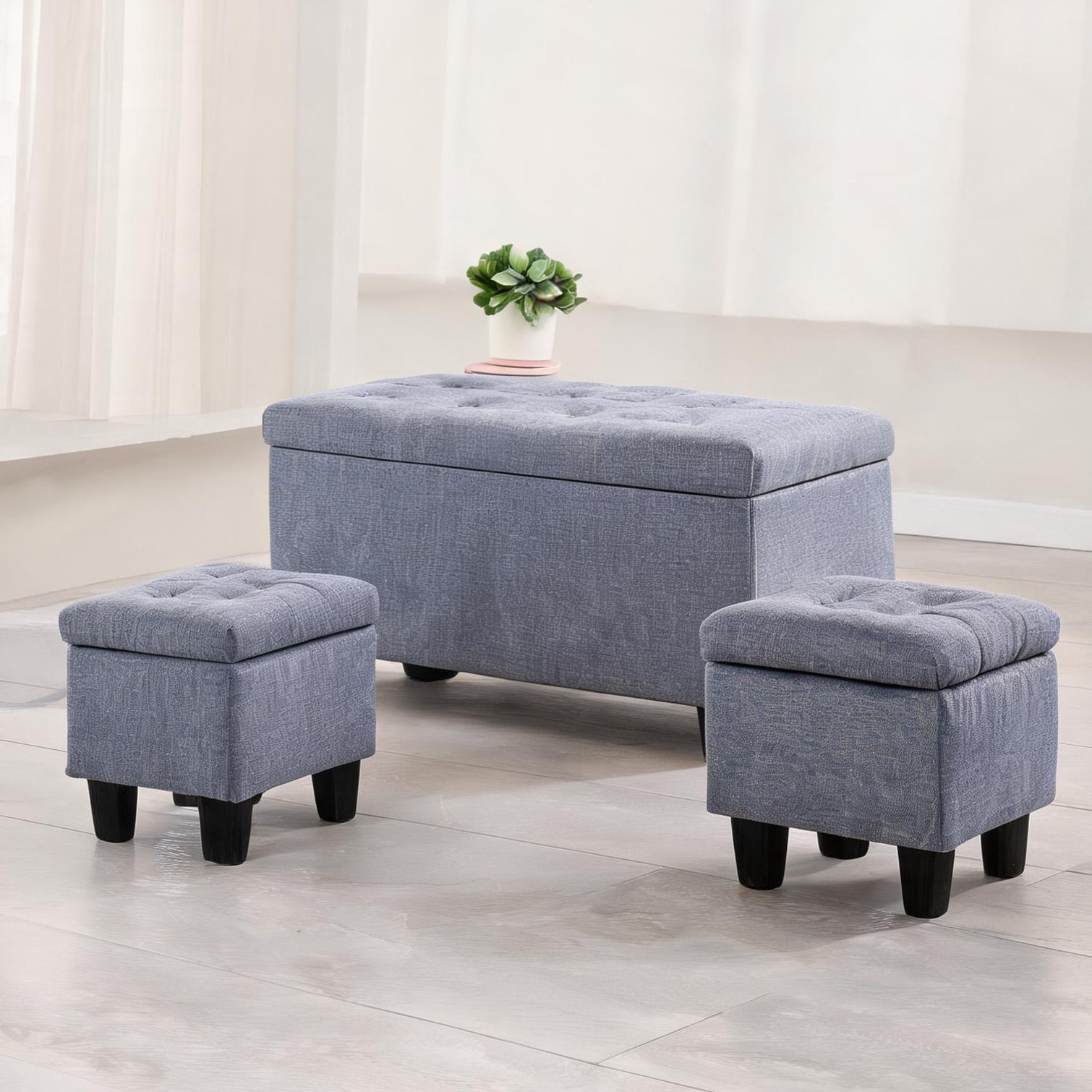 FlowLuxe Linen Tufted Storage Ottoman Bench Set with Hidden ...