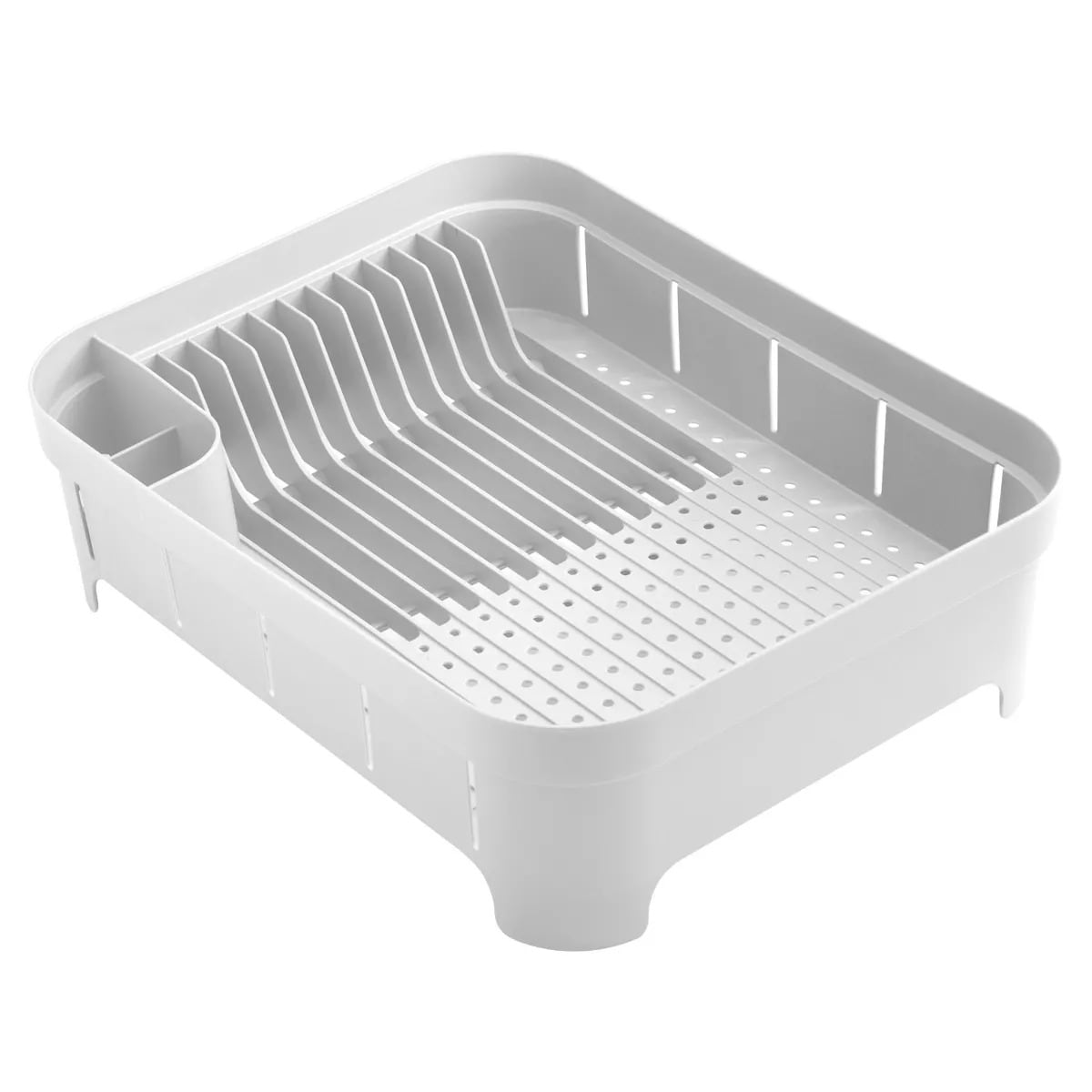 OU Dish Drying Rack for Kitchen Cnter Freestanding Plastic Dish Strainer with Utensil Holder Compact Dish Drain for Plates Cups and Cutlery - White